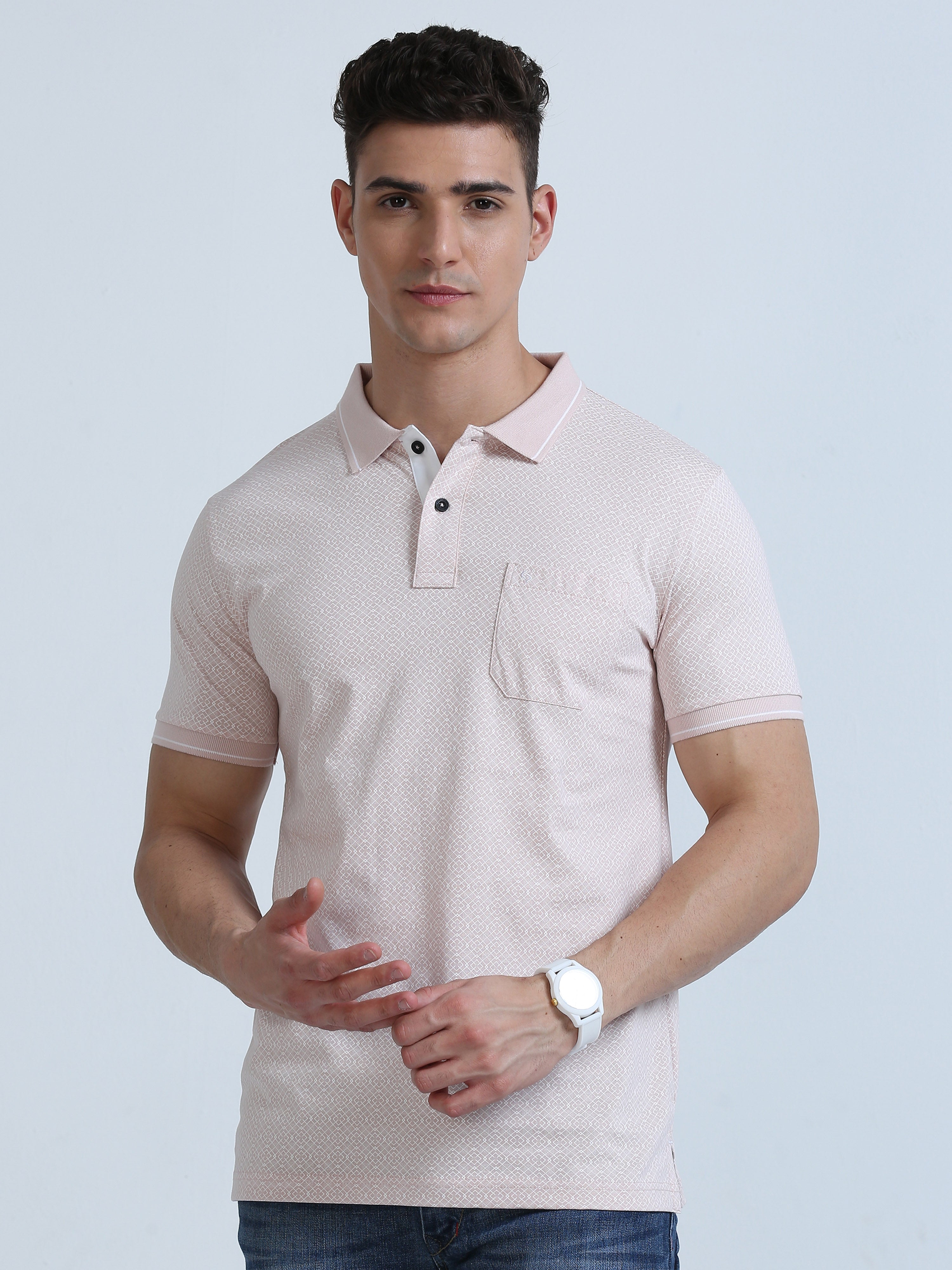 Classic Polo Men's Polo Neck Cotton Lt. Peach/White Slim Fit Printed T-Shirt | BELLO-253 A SF P