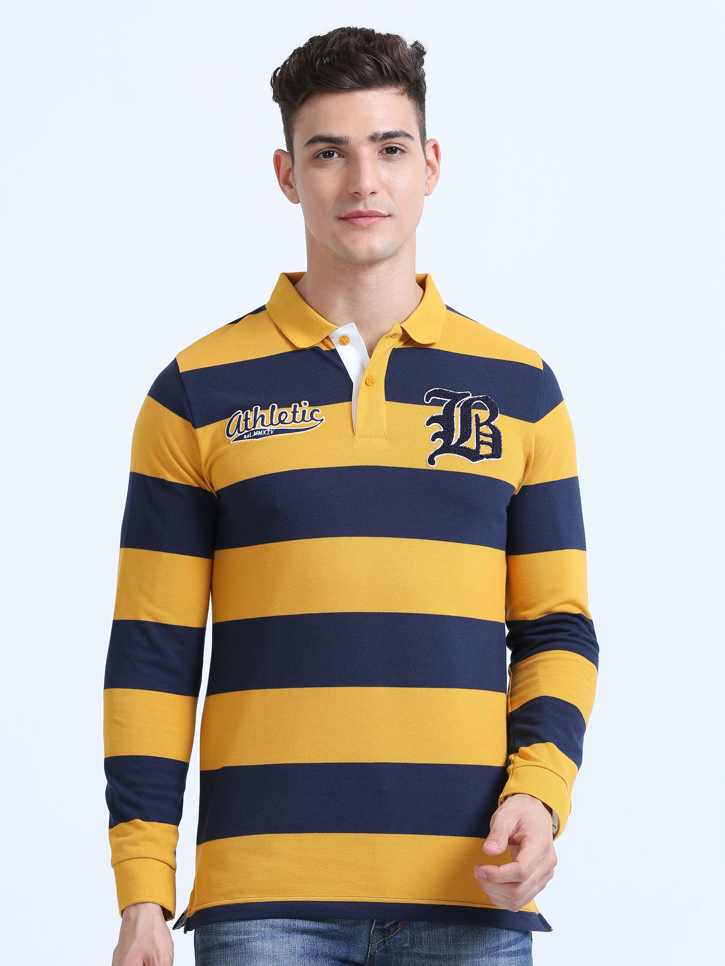 Classic Polo Men's Polo Neck Cotton Yellow/Navy Blue Slim Fit Striped T-Shirt | BRP FS-395 A SF P