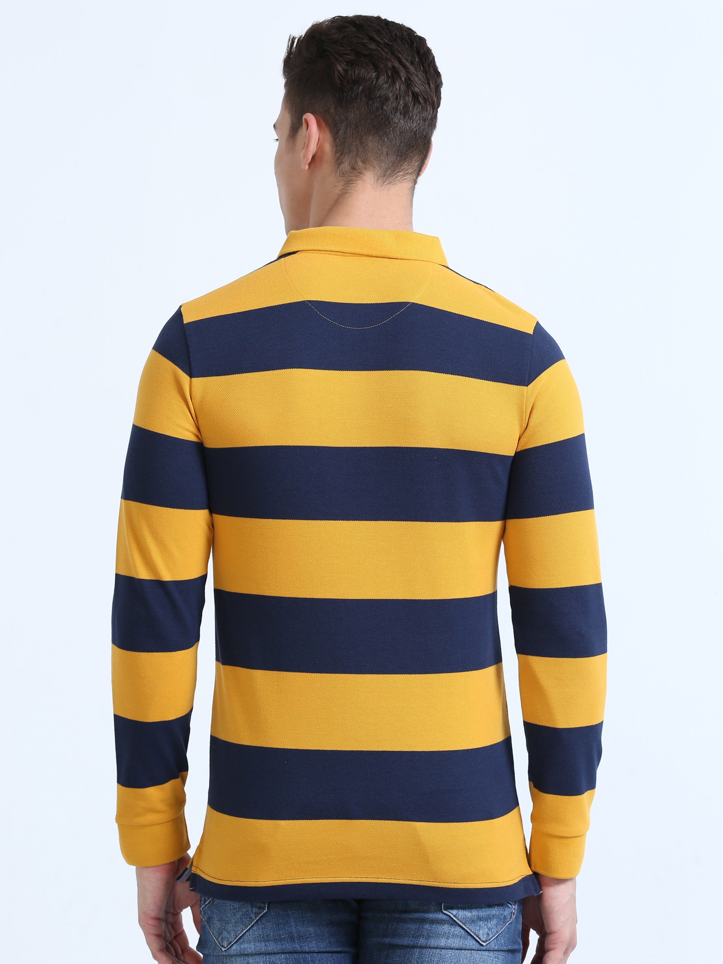 Classic Polo Men's Polo Neck Cotton Yellow/Navy Blue Slim Fit Striped T-Shirt | BRP FS-395 A SF P