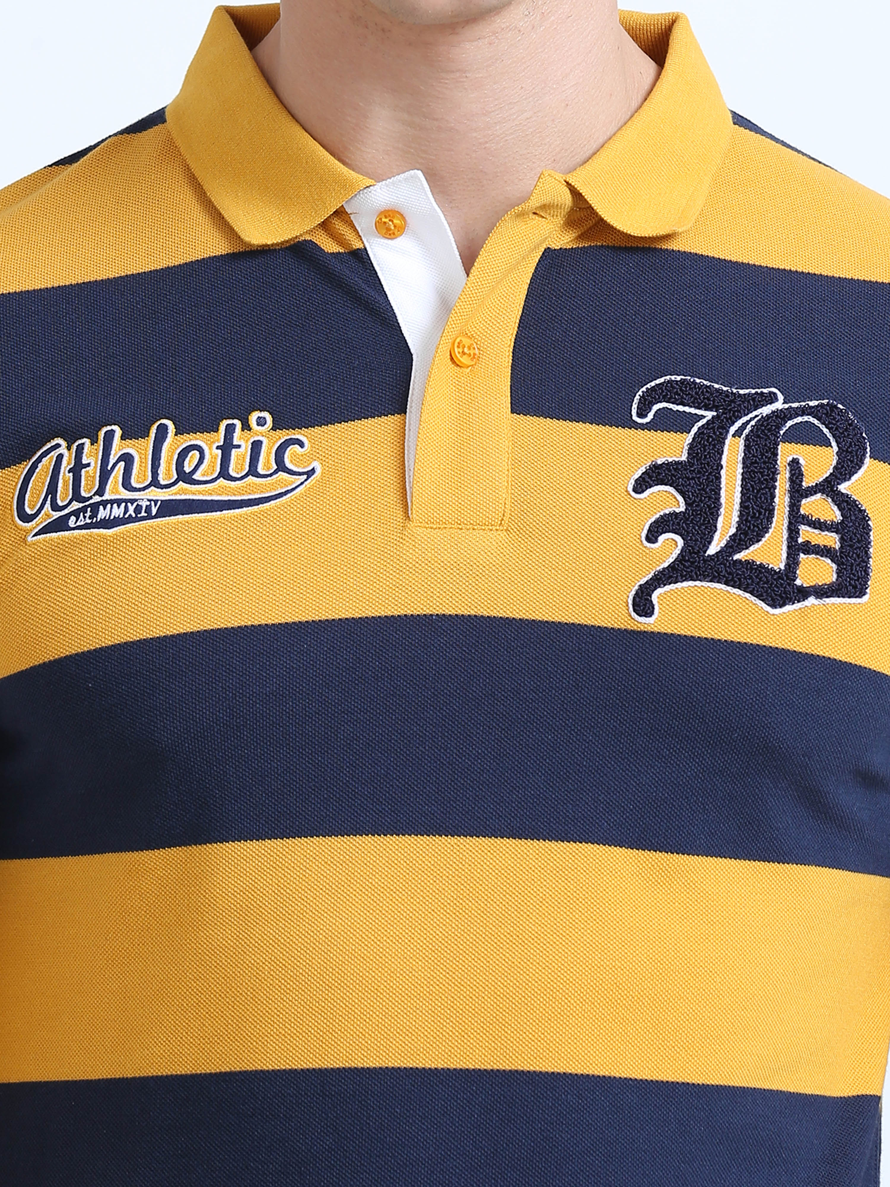 Classic Polo Men's Polo Neck Cotton Yellow/Navy Blue Slim Fit Striped T-Shirt | BRP FS-395 A SF P