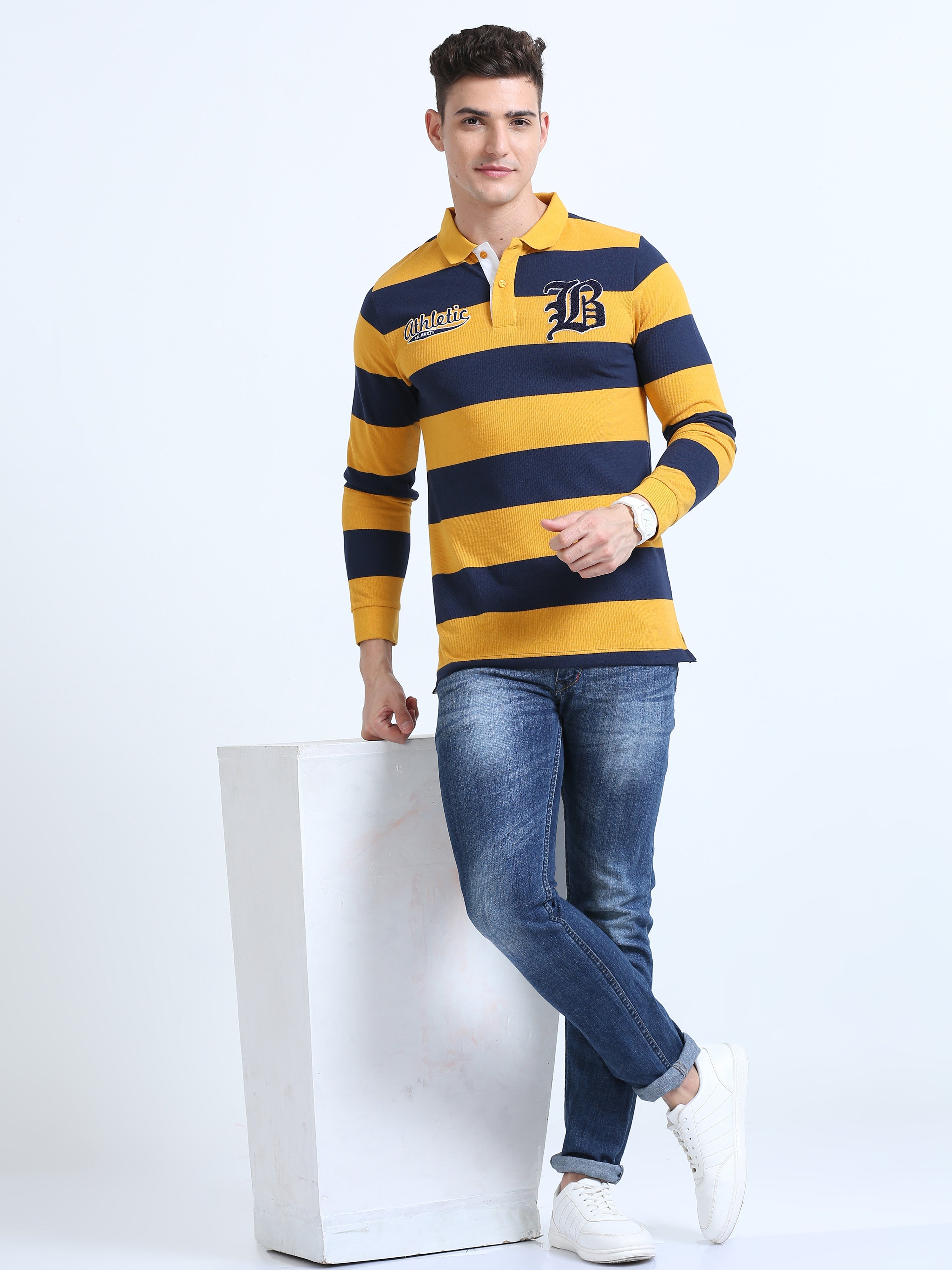 Classic Polo Men's Polo Neck Cotton Yellow/Navy Blue Slim Fit Striped T-Shirt | BRP FS-395 A SF P