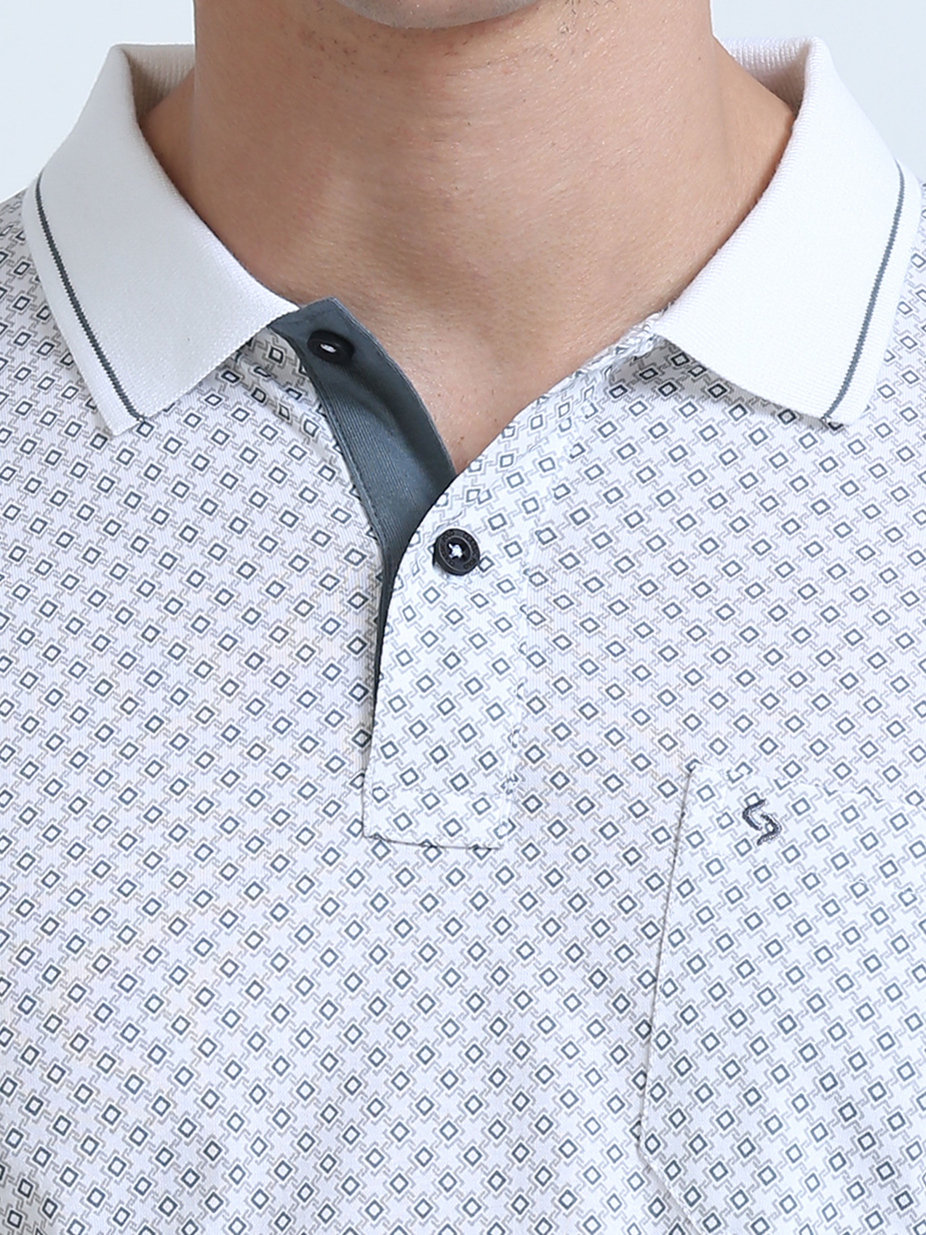 Classic Polo Men's Polo Neck Cotton White/Grey Slim Fit Printed T-Shirt | BELLO-267 B SF P