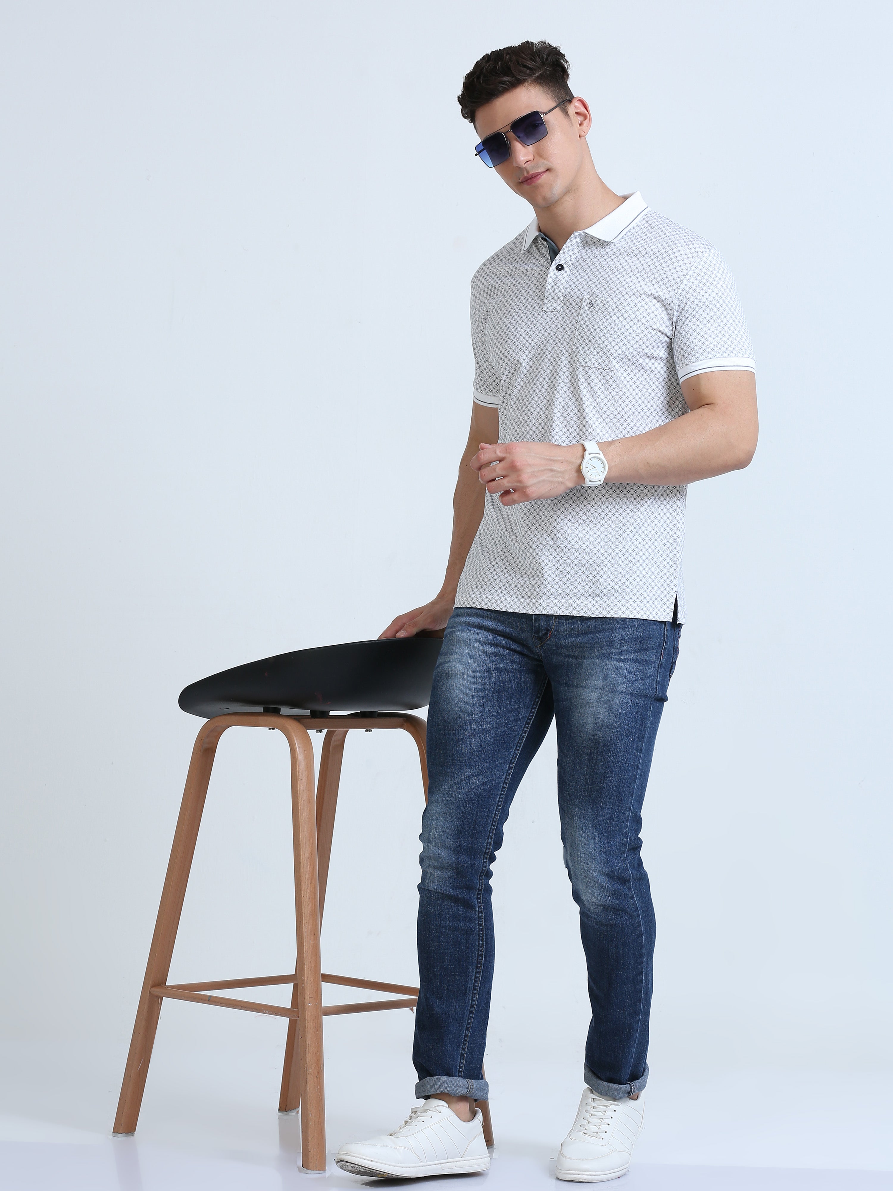 Classic Polo Men's Polo Neck Cotton White/Grey Slim Fit Printed T-Shirt | BELLO-267 B SF P