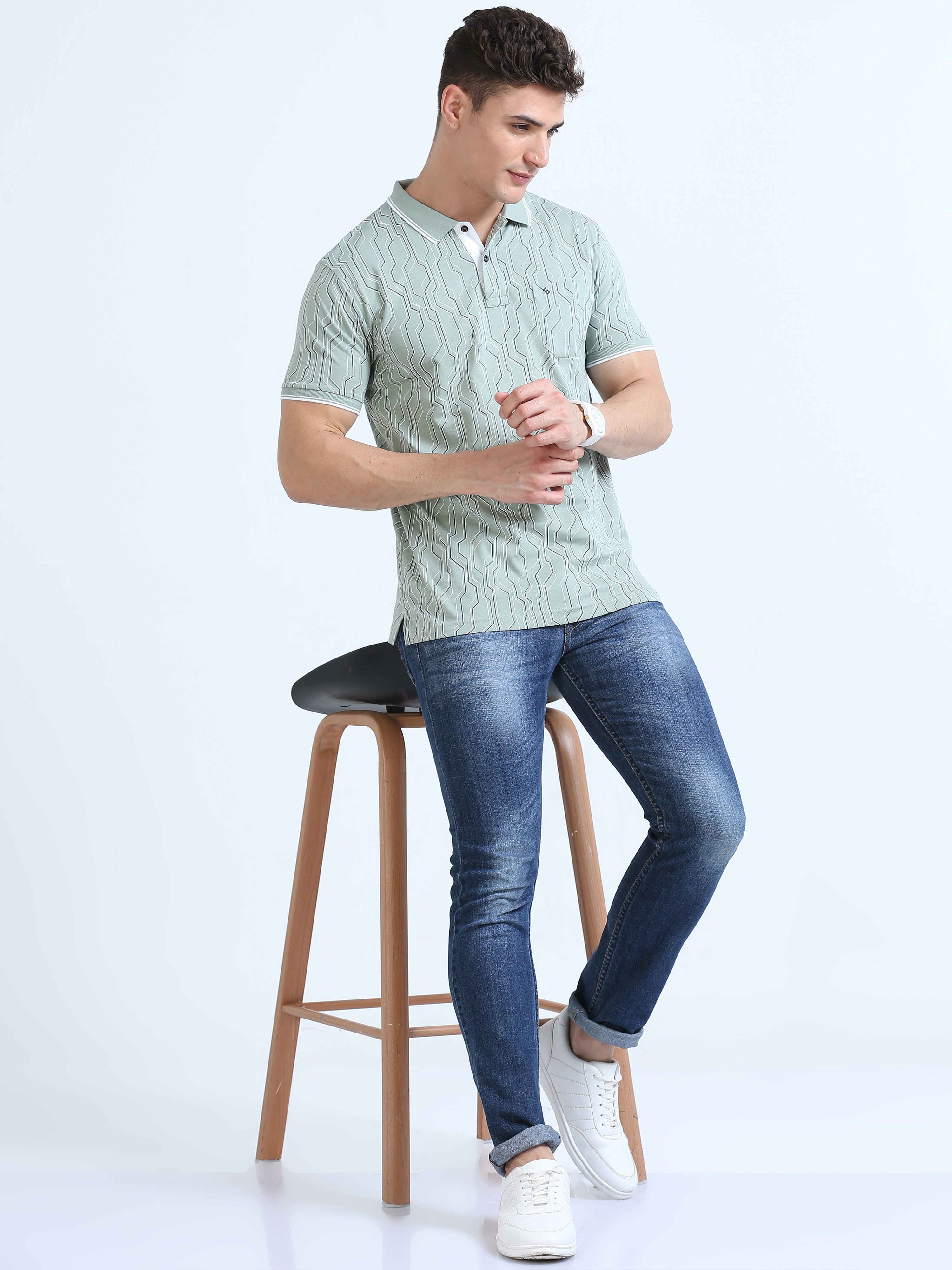 Classic Polo Men's Polo Neck Cotton Lt.Green Slim Fit Printed T-Shirt | BELLO-235 A SF P