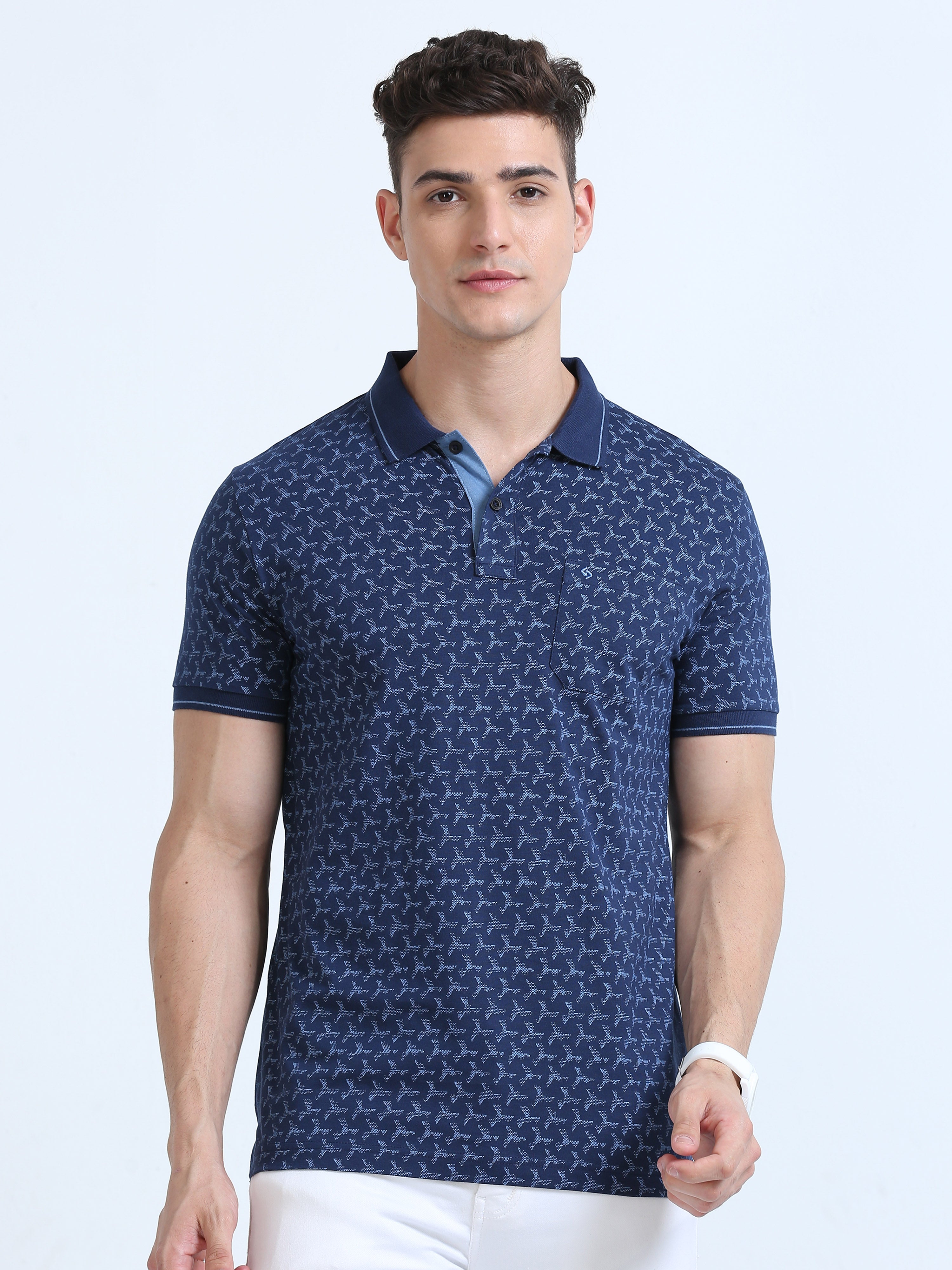 Classic Polo Men's Polo Neck Cotton Navy Blue Slim Fit Printed T-Shirt | BELLO-269 A SF P