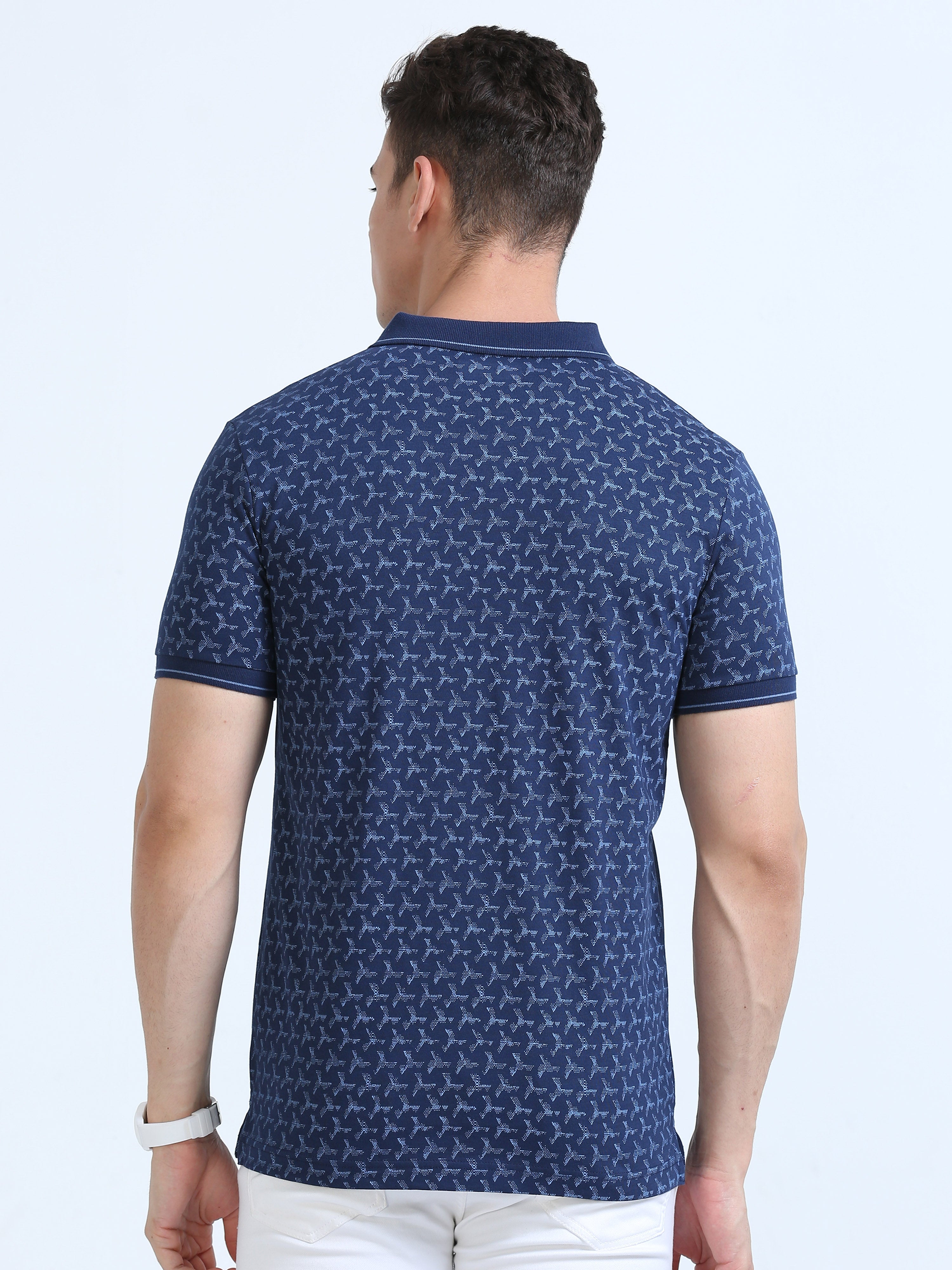 Classic Polo Men's Polo Neck Cotton Navy Blue Slim Fit Printed T-Shirt | BELLO-269 A SF P