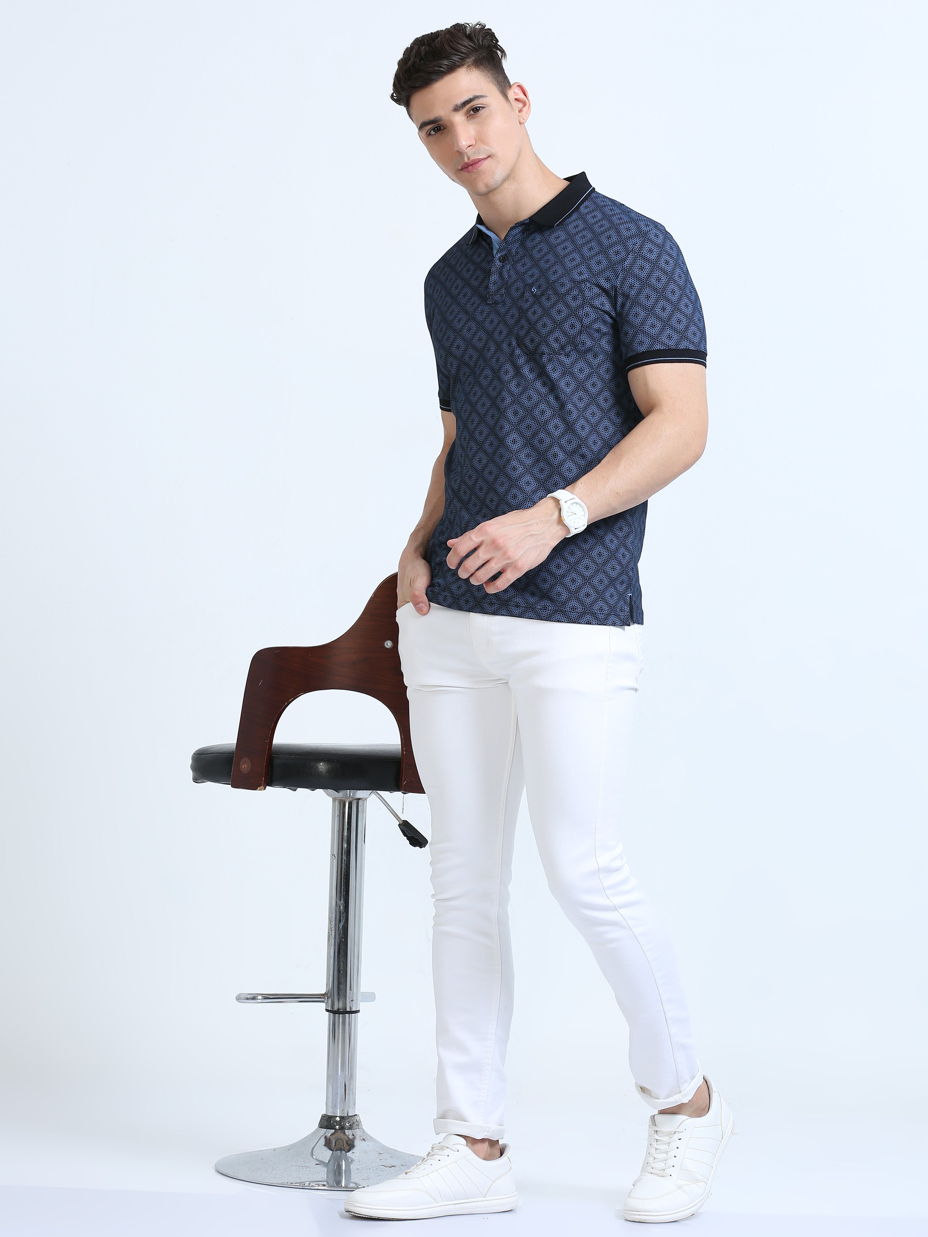 Classic Polo Men's Polo Neck Cotton Navy Blue Slim Fit Printed T-Shirt | BELLO-272 B SF P