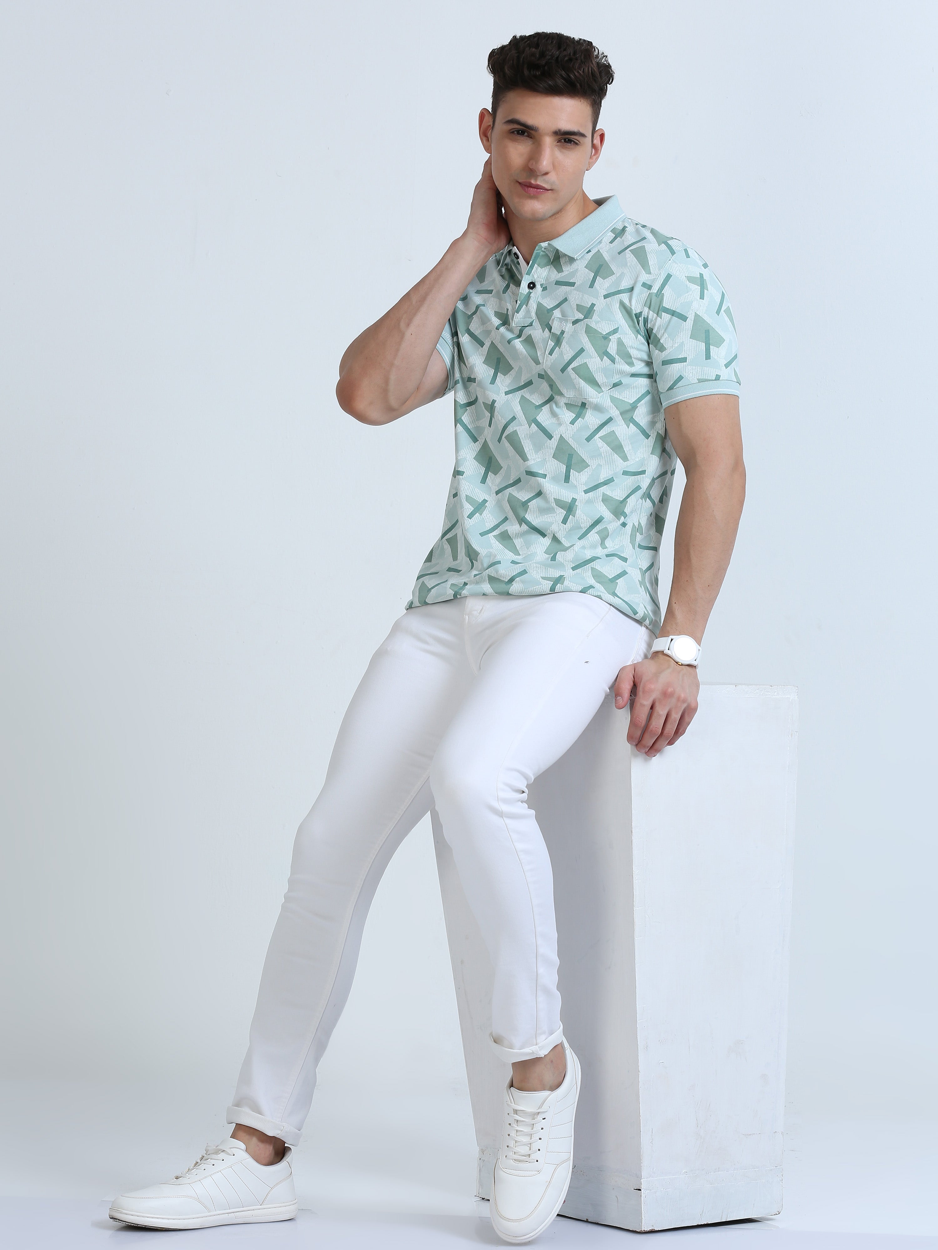 Classic Polo Men's Polo Neck Cotton Lt.Green Slim Fit Printed T-Shirt | BELLO-265 B SF P