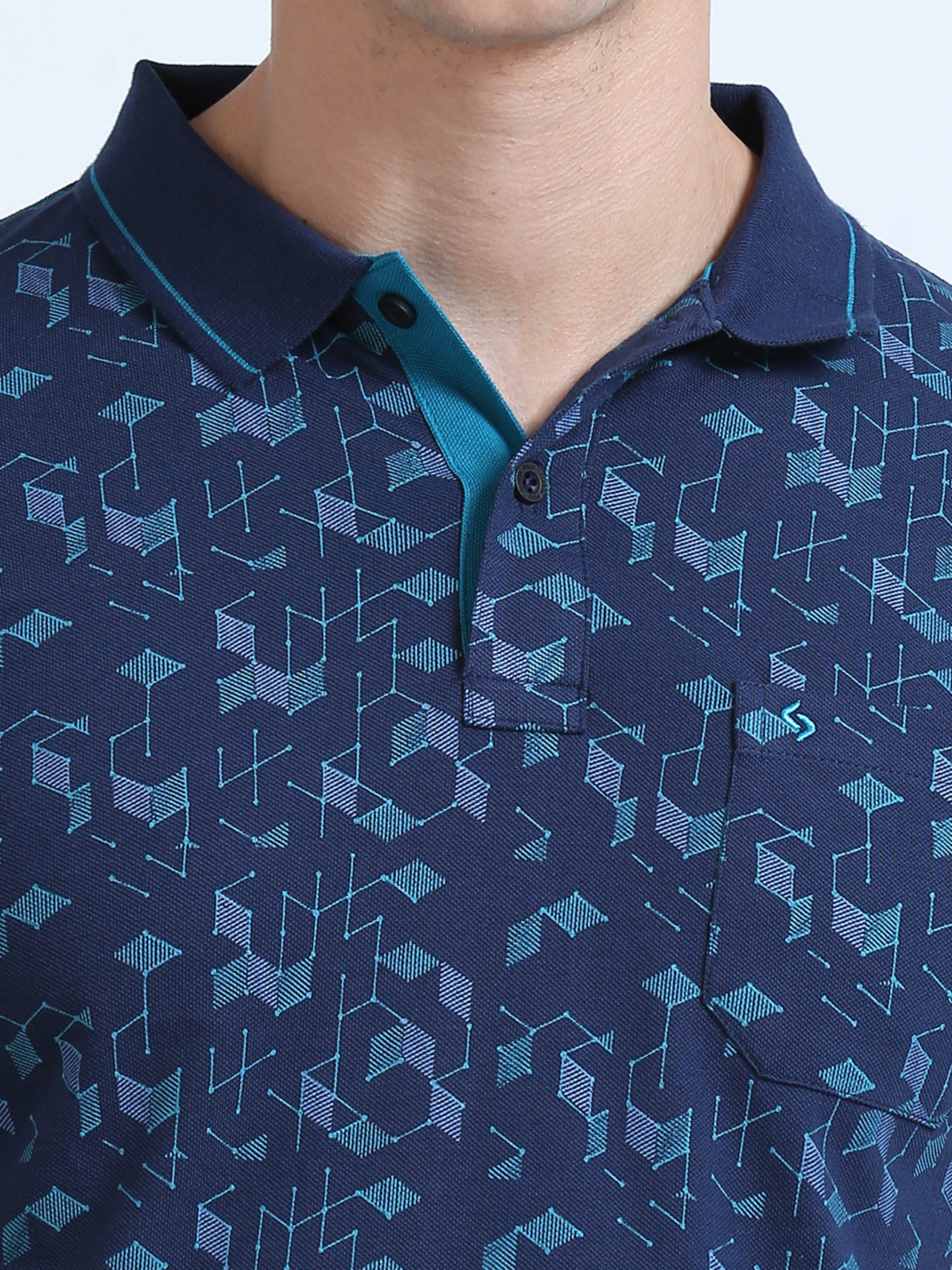 Classic Polo Men's Polo Neck Cotton Navy Blue Slim Fit Printed T-Shirt | BEAU-242 A SF P