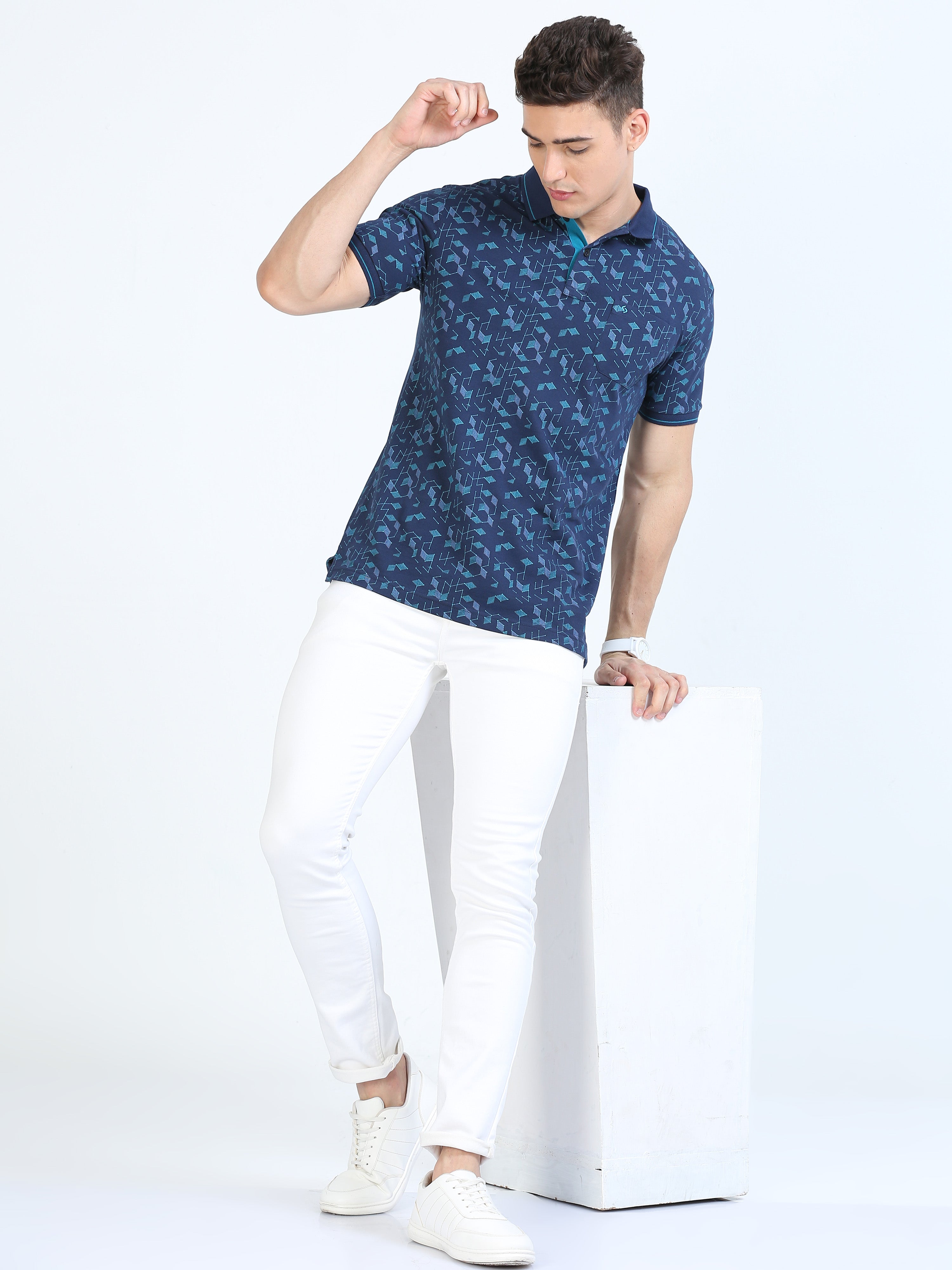 Classic Polo Men's Polo Neck Cotton Navy Blue Slim Fit Printed T-Shirt | BEAU-242 A SF P