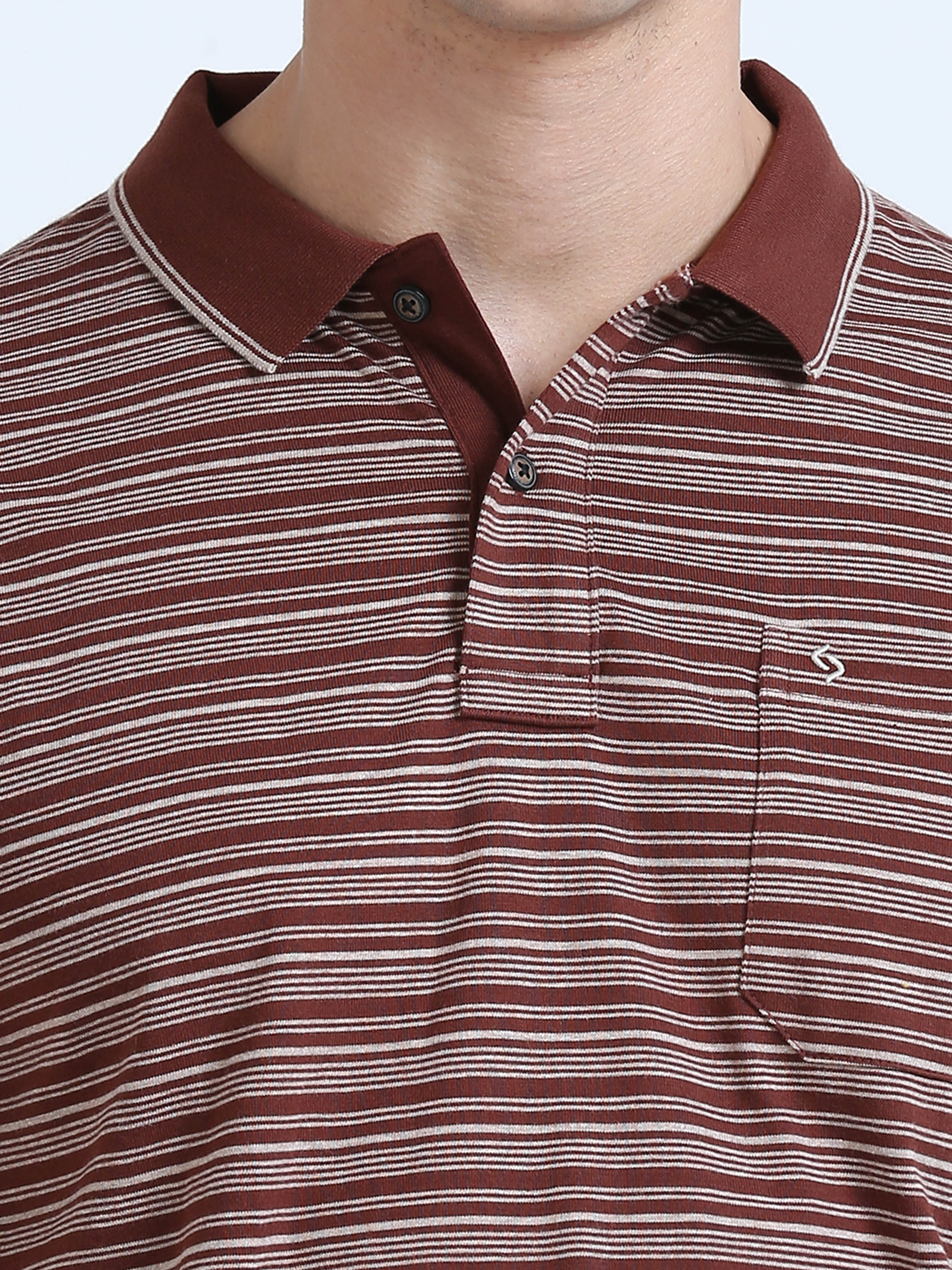 Classic Polo Men's Polo Neck Cotton Brown Slim Fit Striped T-Shirt | F-FEEDERS-105B AF P