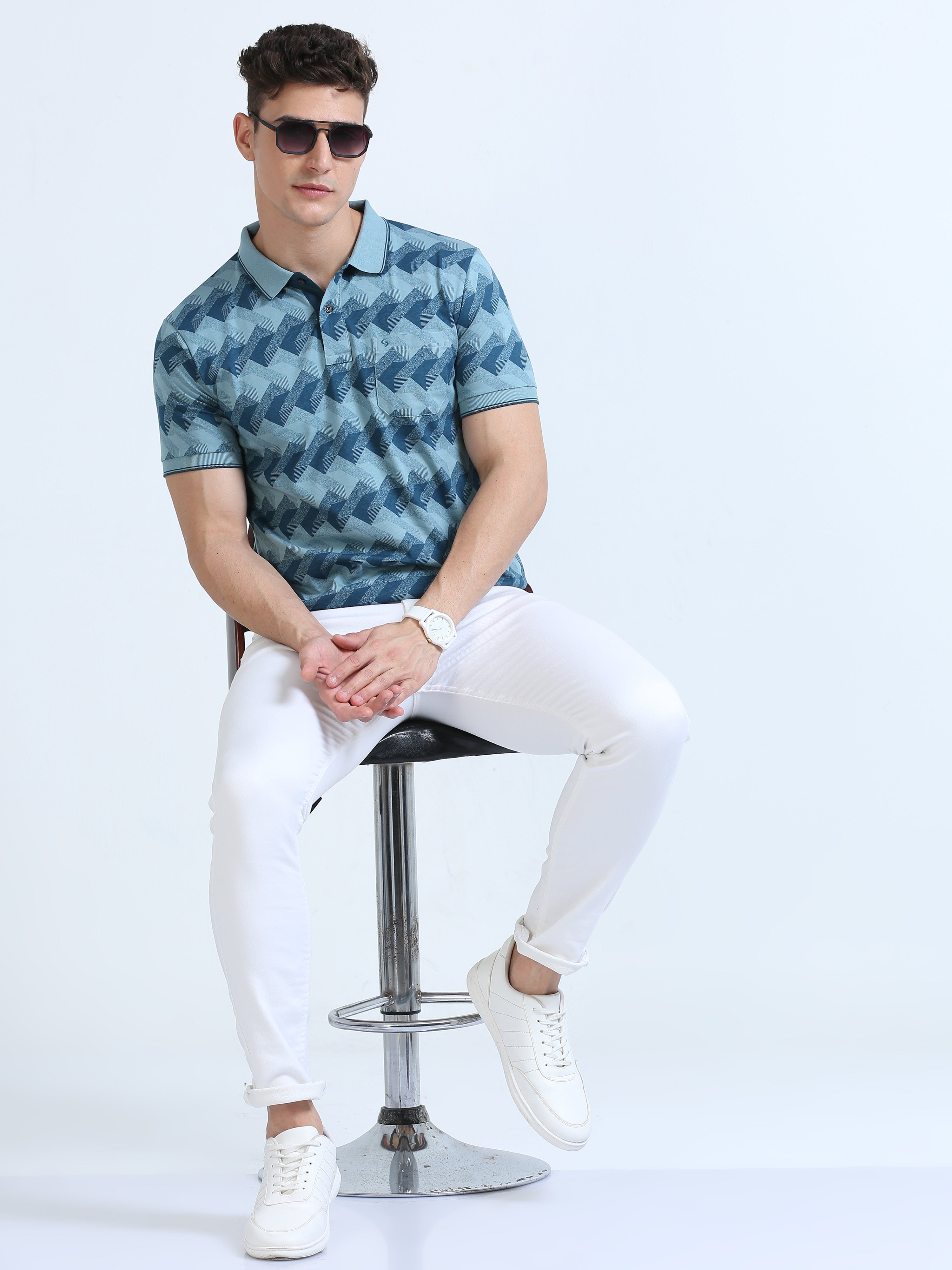Classic Polo Men's Polo Neck Cotton Blue Slim Fit Printed T-Shirt | BELLO-234 A SF P