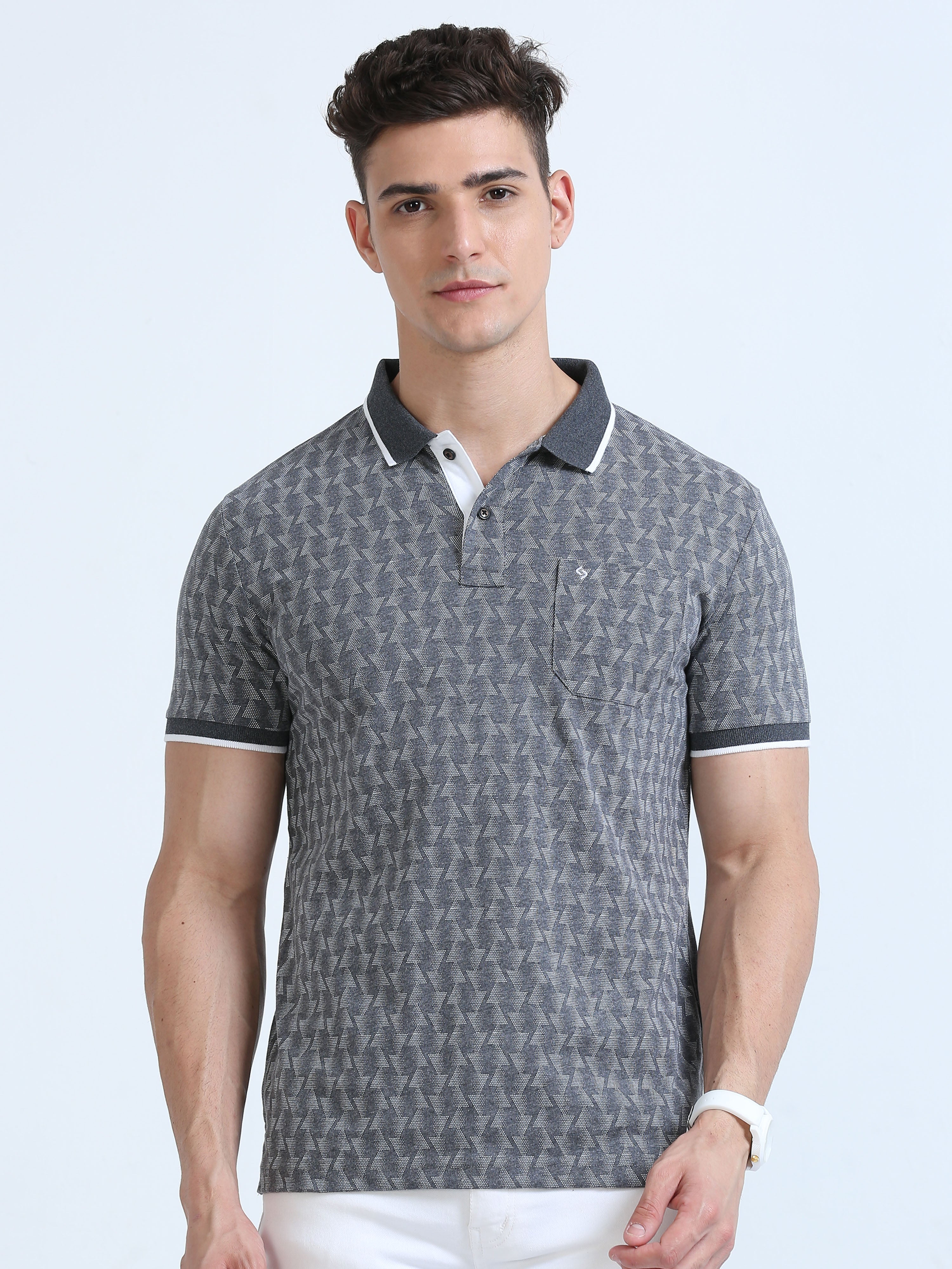 Classic Polo Men's Polo Neck Cotton Charcoal Grey Slim Fit Printed T-Shirt | BELLO-235 C SF P