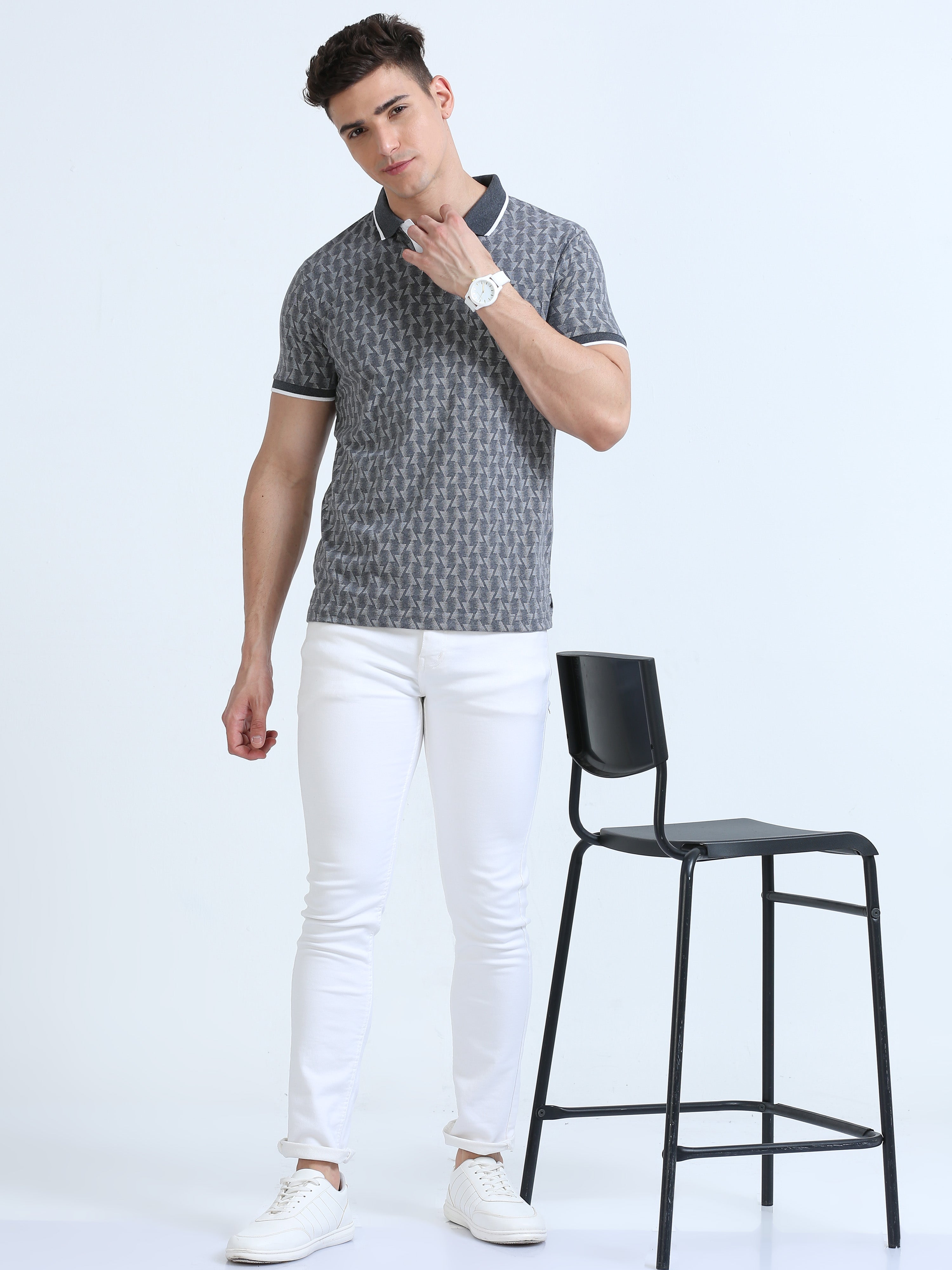 Classic Polo Men's Polo Neck Cotton Charcoal Grey Slim Fit Printed T-Shirt | BELLO-235 C SF P