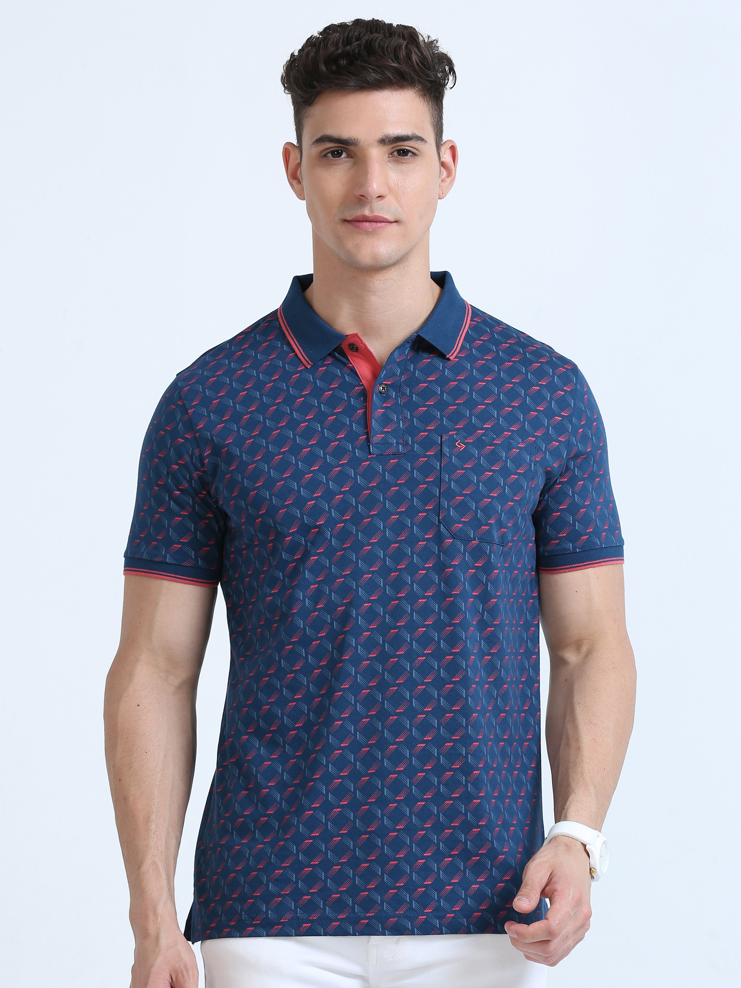 Classic Polo Men's Polo Neck Cotton Navy Blue Slim Fit Printed T-Shirt | BELLO-231 B SF P