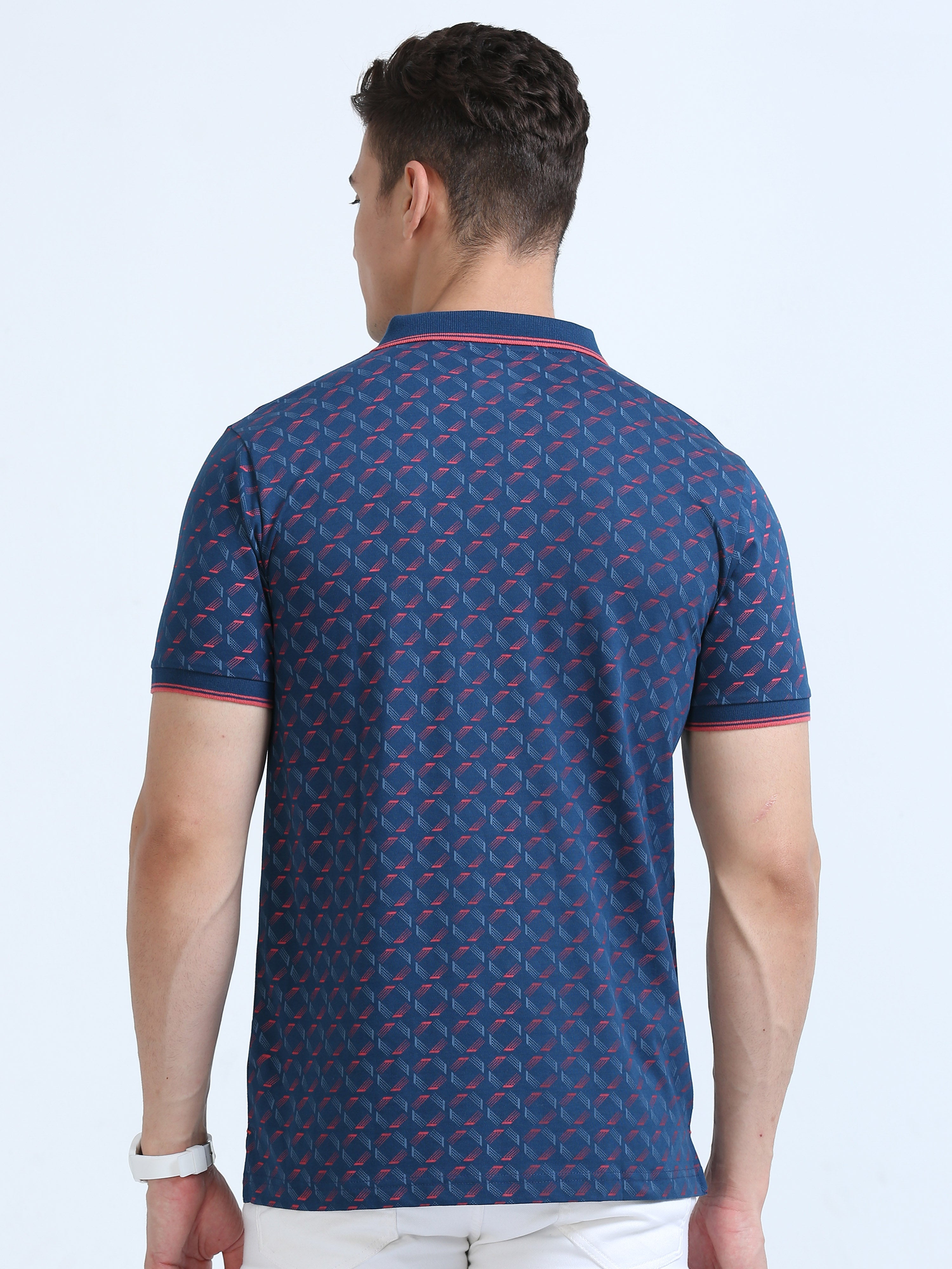 Classic Polo Men's Polo Neck Cotton Navy Blue Slim Fit Printed T-Shirt | BELLO-231 B SF P