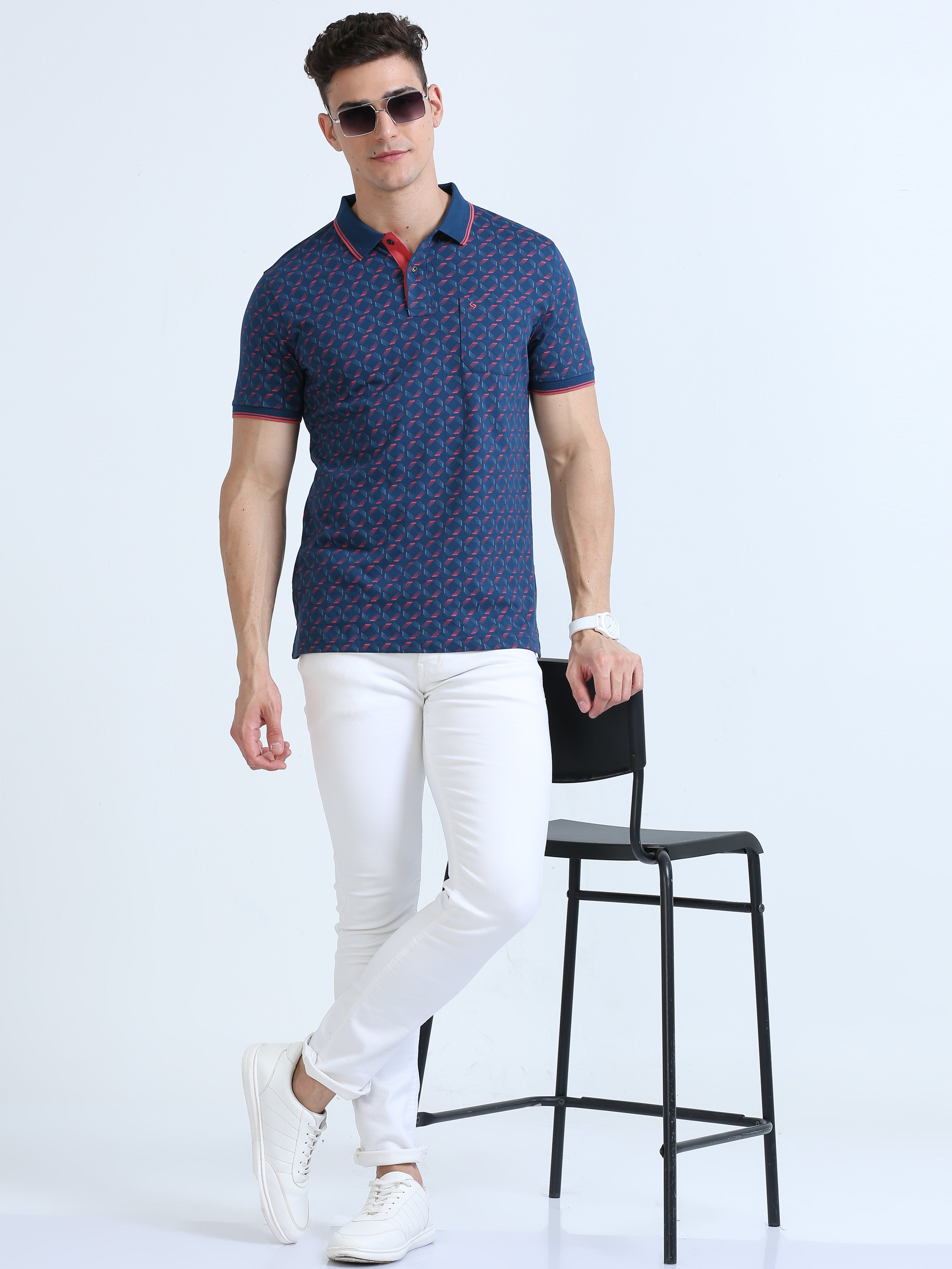 Classic Polo Men's Polo Neck Cotton Navy Blue Slim Fit Printed T-Shirt | BELLO-231 B SF P