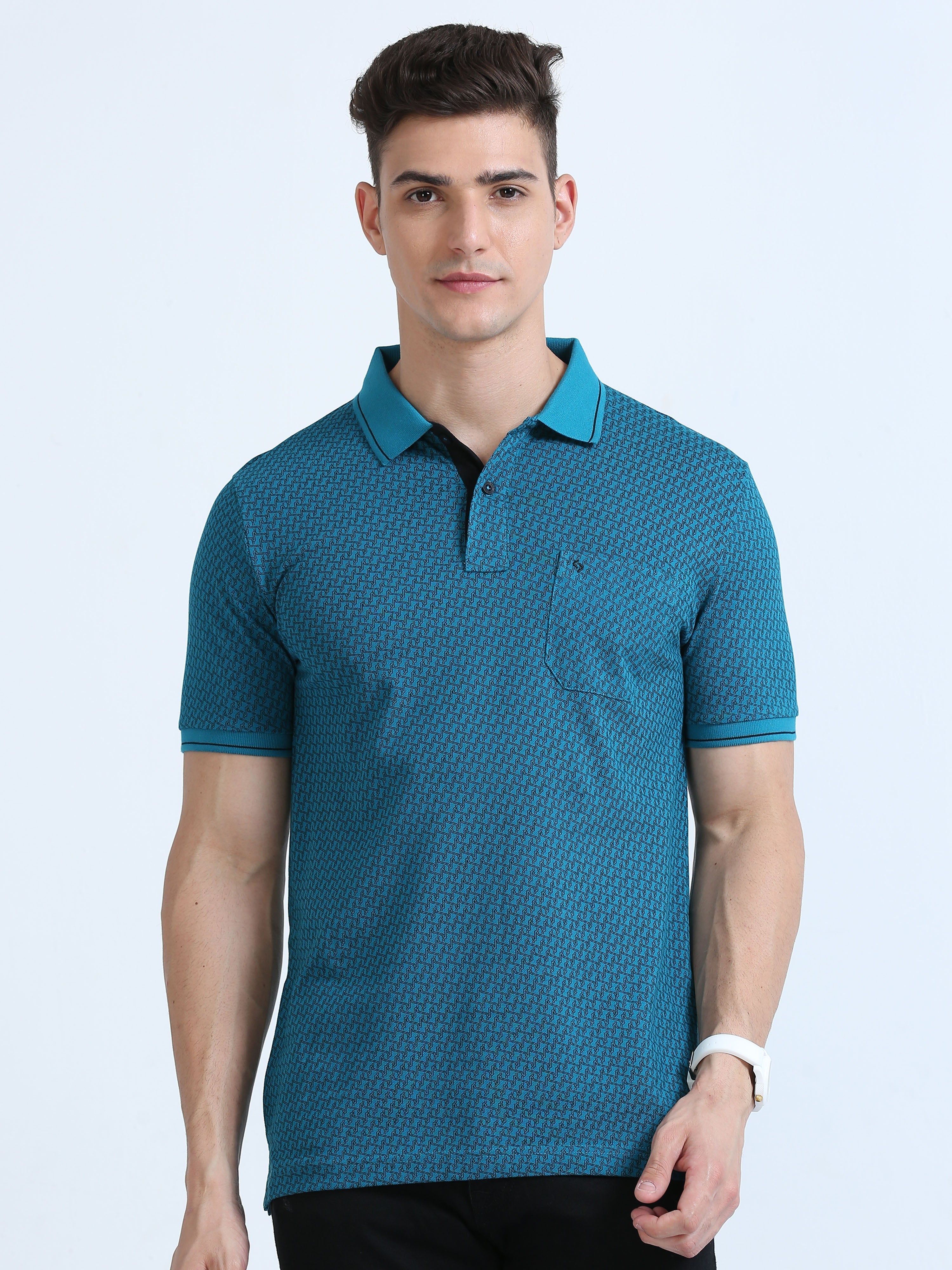 Classic Polo Men's Polo Neck Cotton Teal Slim Fit Printed T-Shirt | BEAU-243 B SF P
