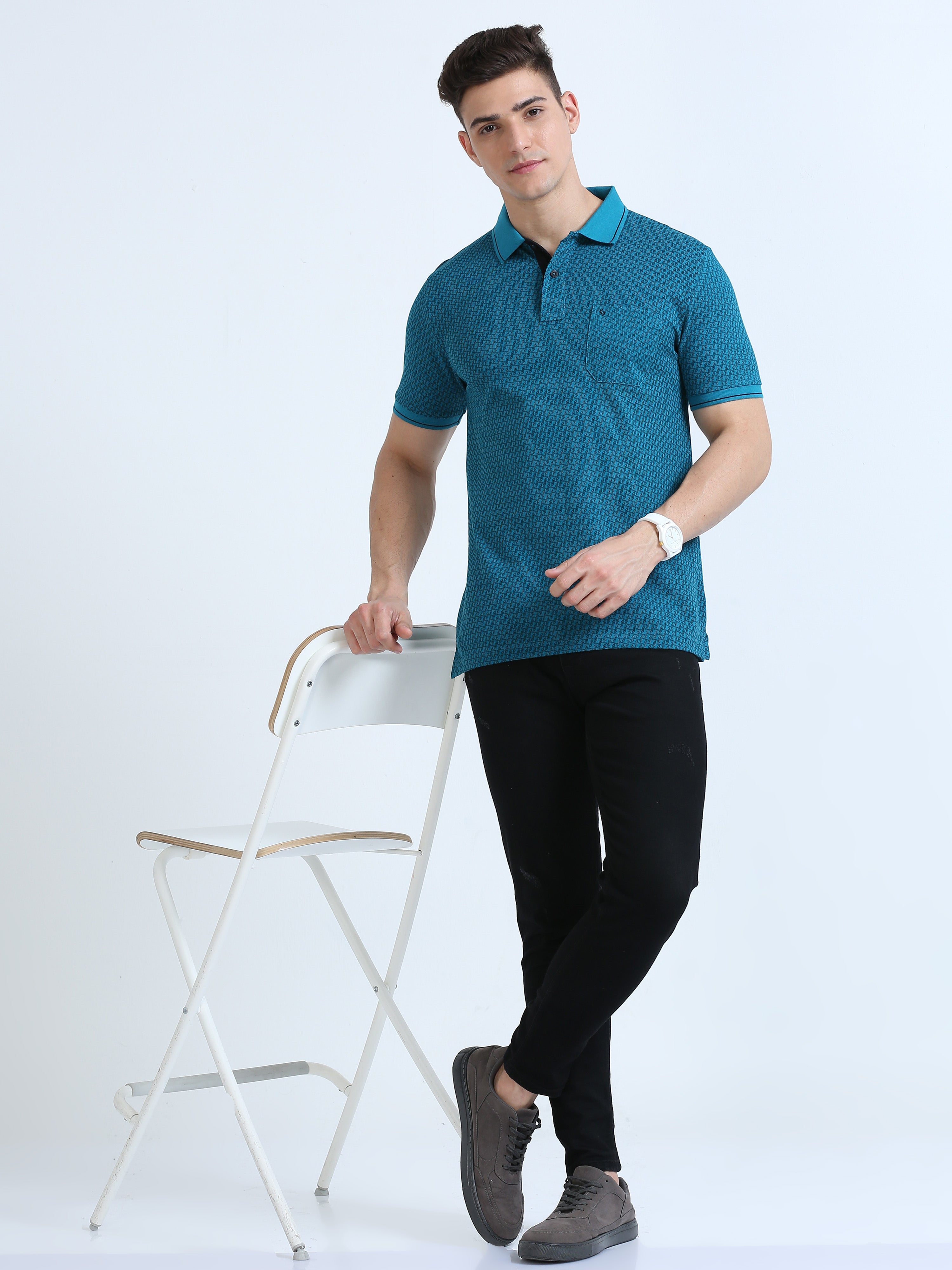 Classic Polo Men's Polo Neck Cotton Teal Slim Fit Printed T-Shirt | BEAU-243 B SF P