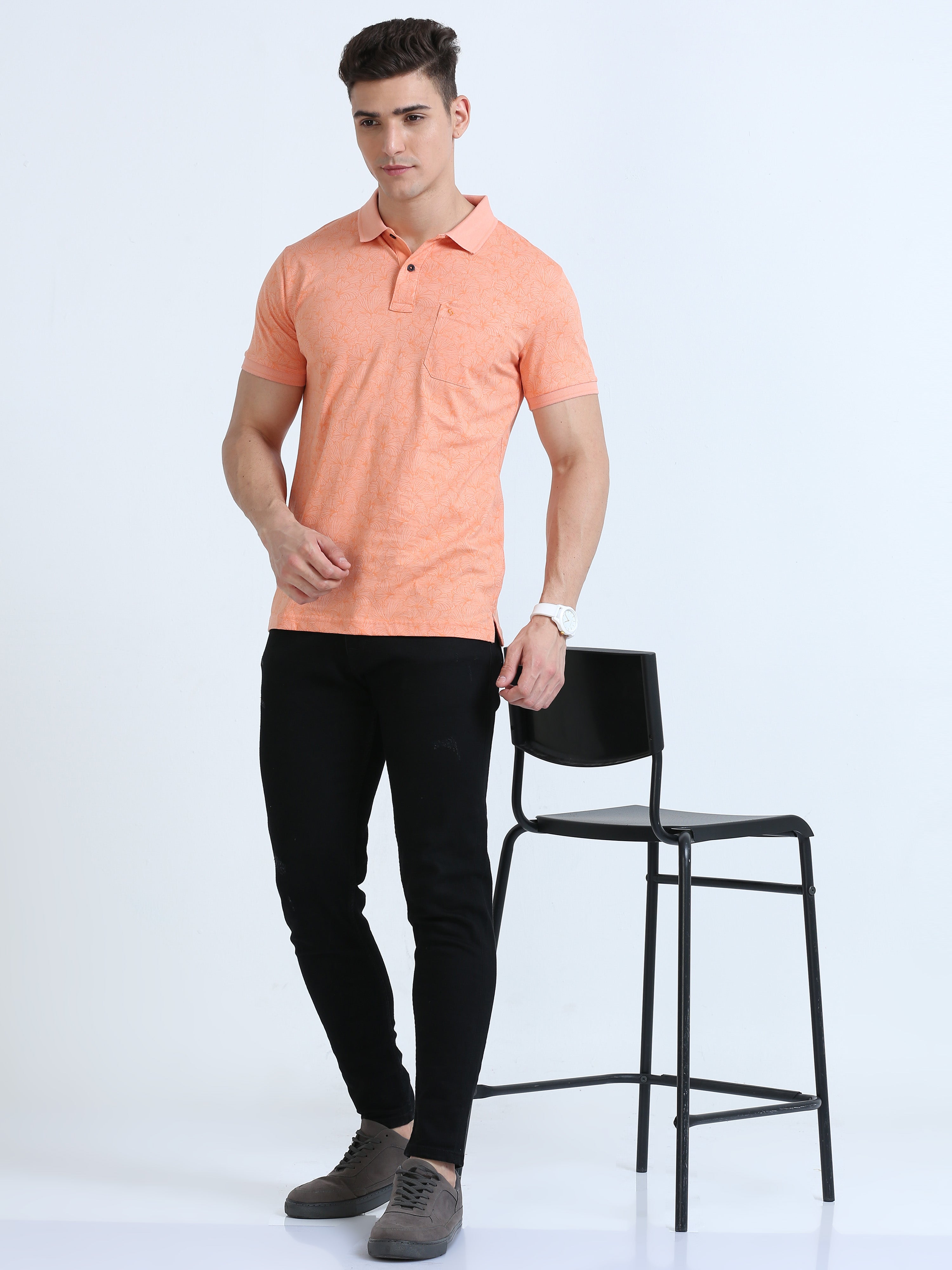 Classic Polo Men's Polo Neck Cotton Orange Slim Fit Printed T-Shirt | BELLO-272 A SF P