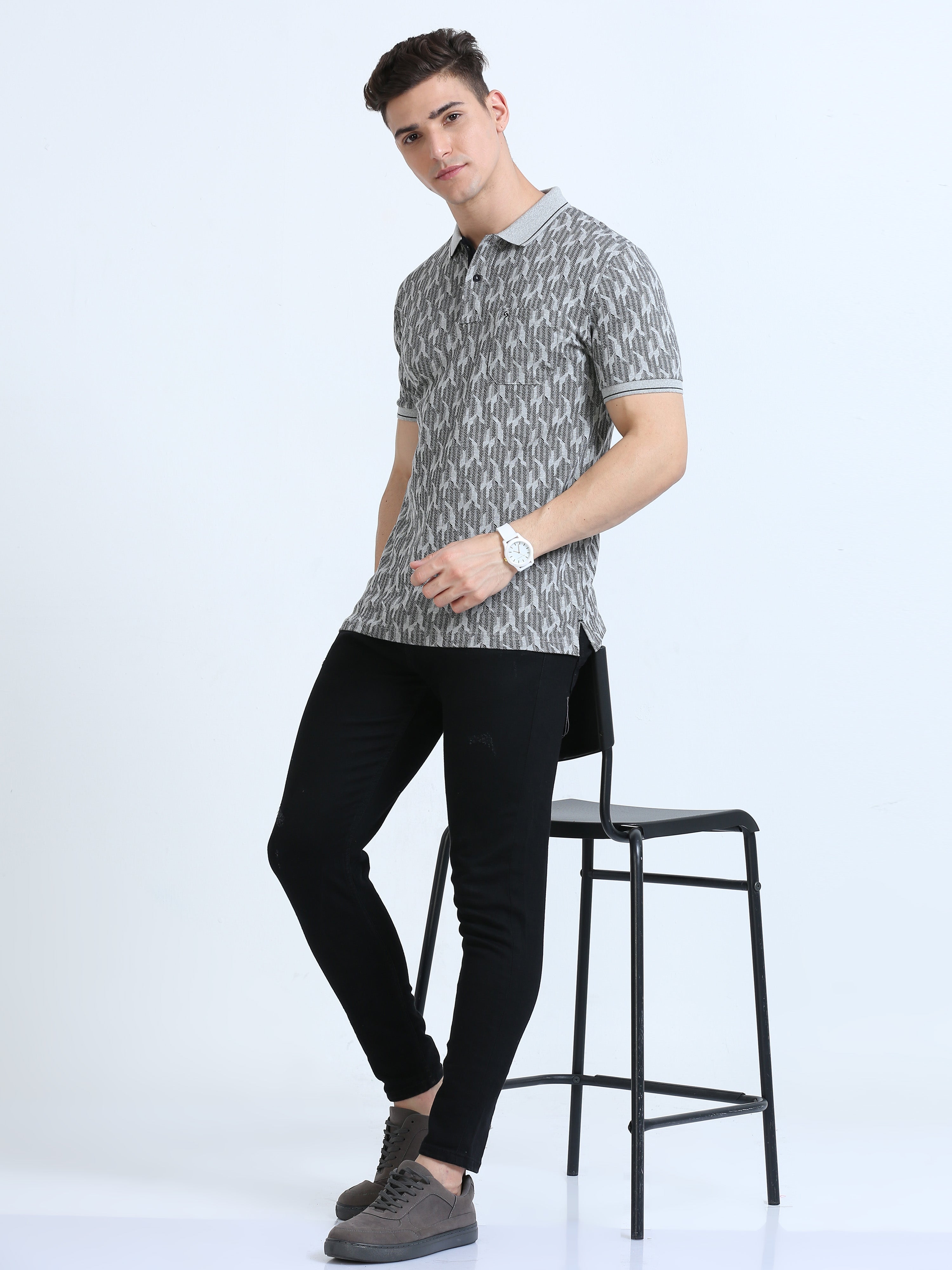 Classic Polo Men's Polo Neck Cotton Dr.Grey Slim Fit Printed T-Shirt | BEAU-252 A SF P