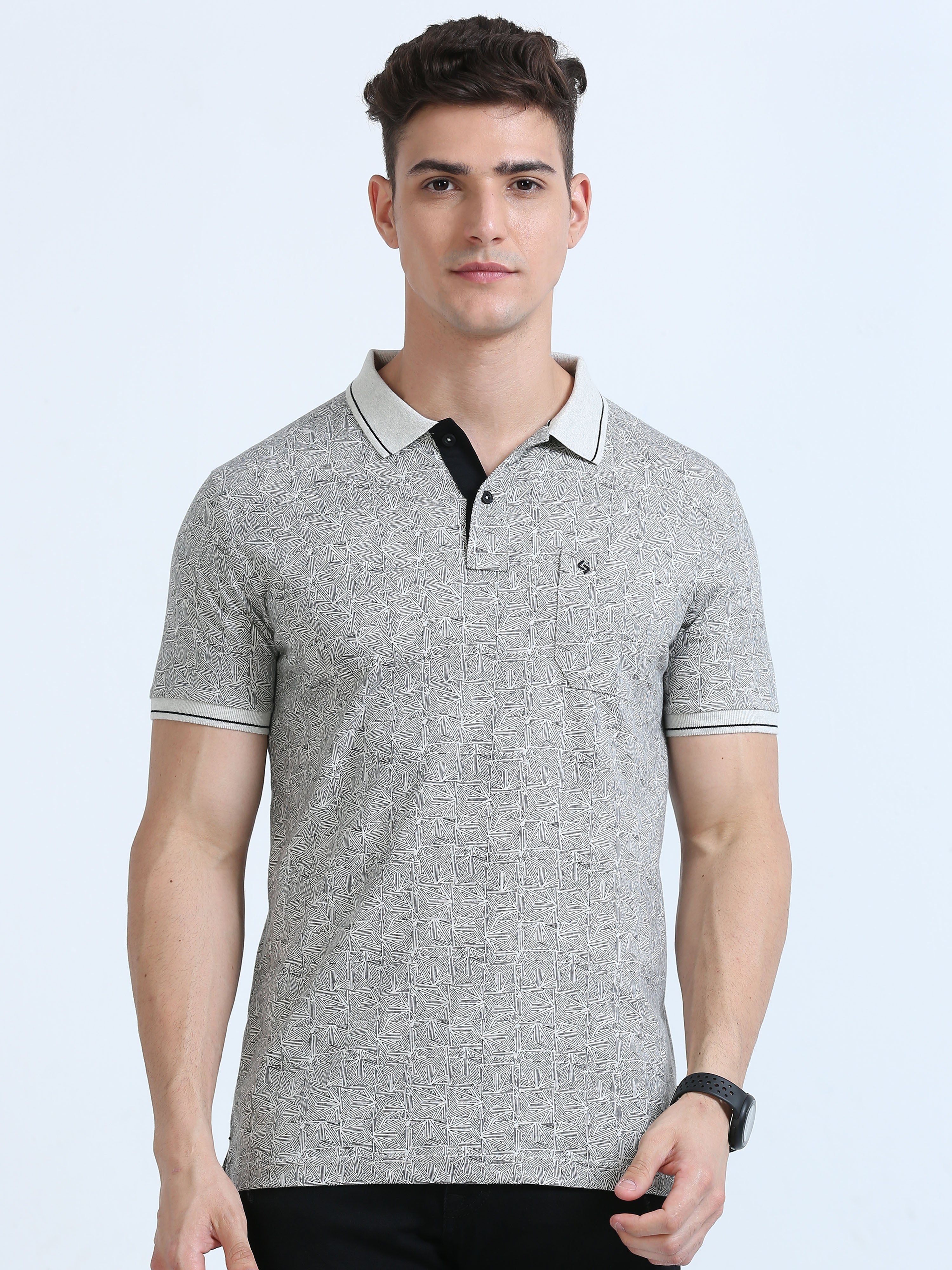 Classic Polo Men's Polo Neck Cotton Grey/Black Slim Fit Printed T-Shirt | BELLO-259 B SF P