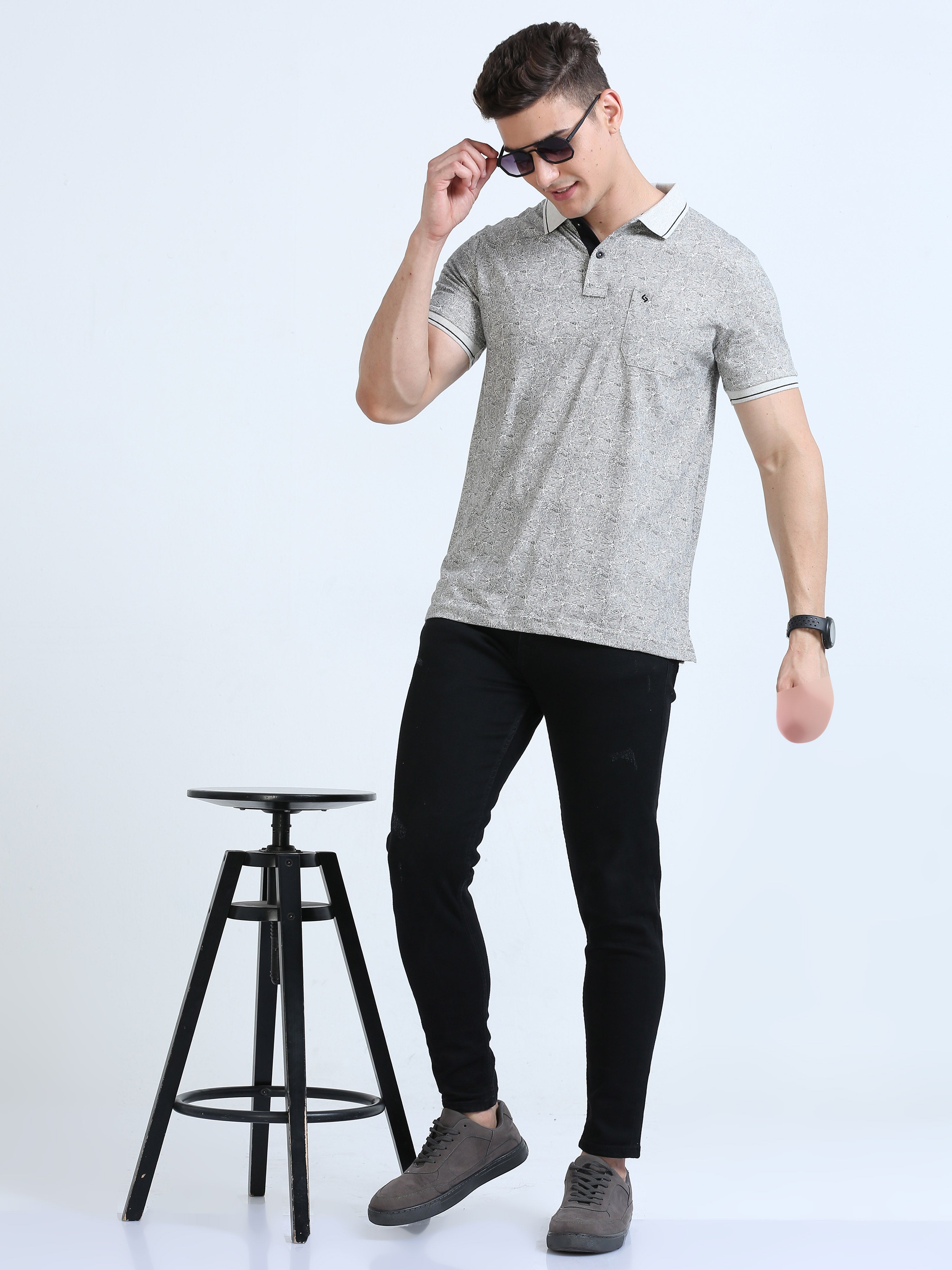 Classic Polo Men's Polo Neck Cotton Grey/Black Slim Fit Printed T-Shirt | BELLO-259 B SF P