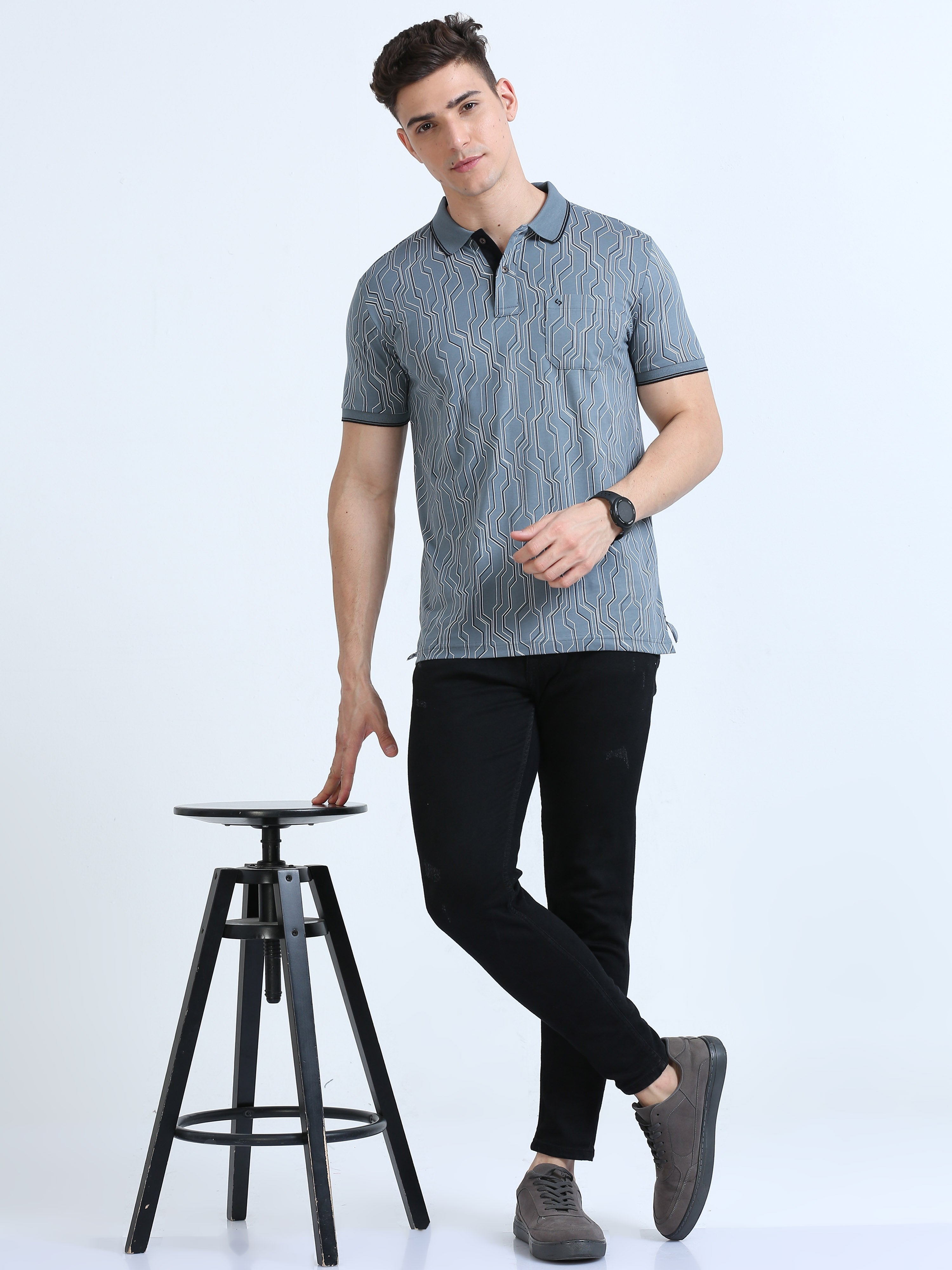 Classic Polo Men's Polo Neck Cotton Blue Slim Fit Printed T-Shirt | BELLO-235 B SF P