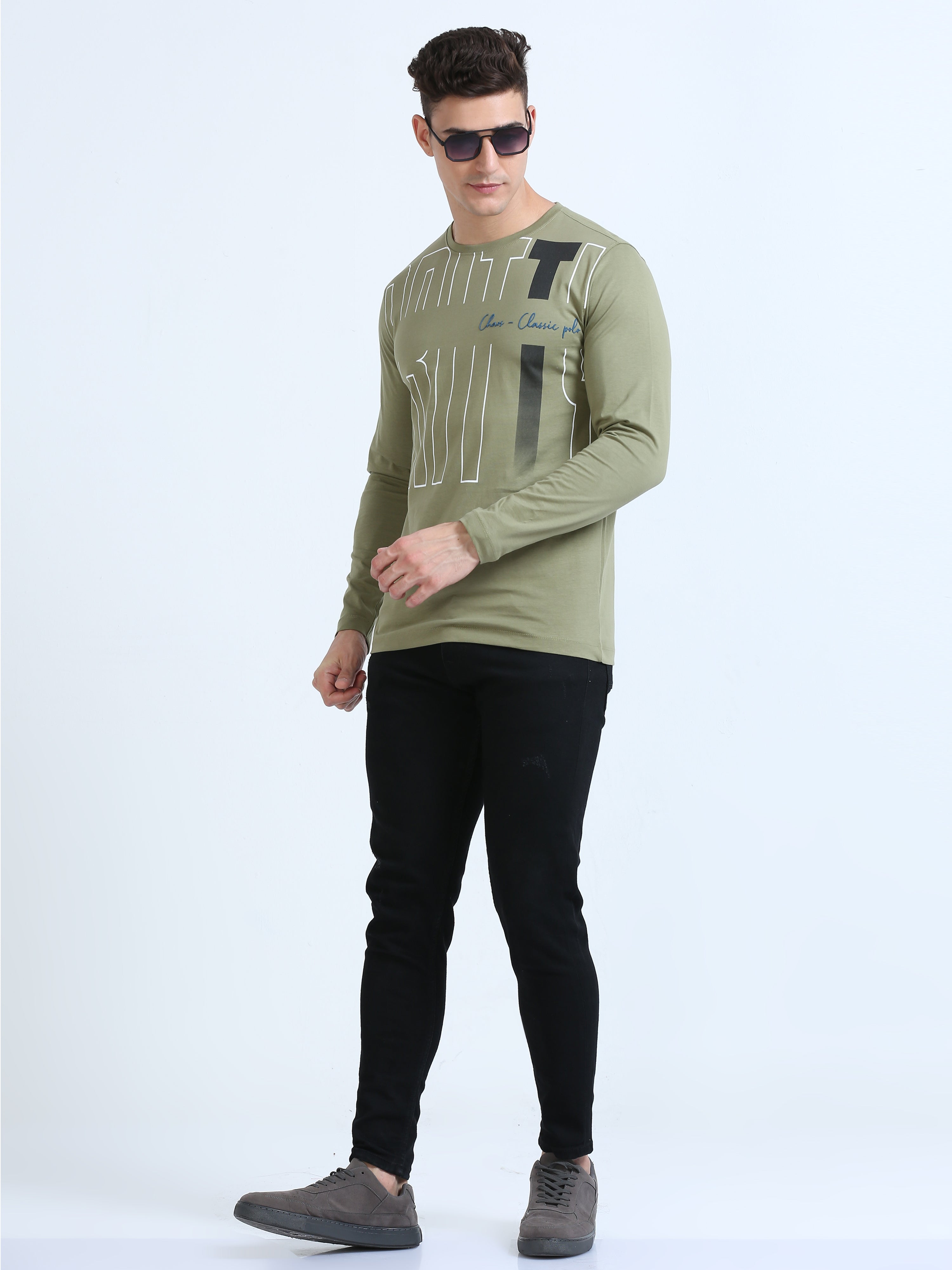 Classic Polo Men's Round Neck Cotton Olive Slim Fit Printed T-Shirt | BALENO FS-590A SFC