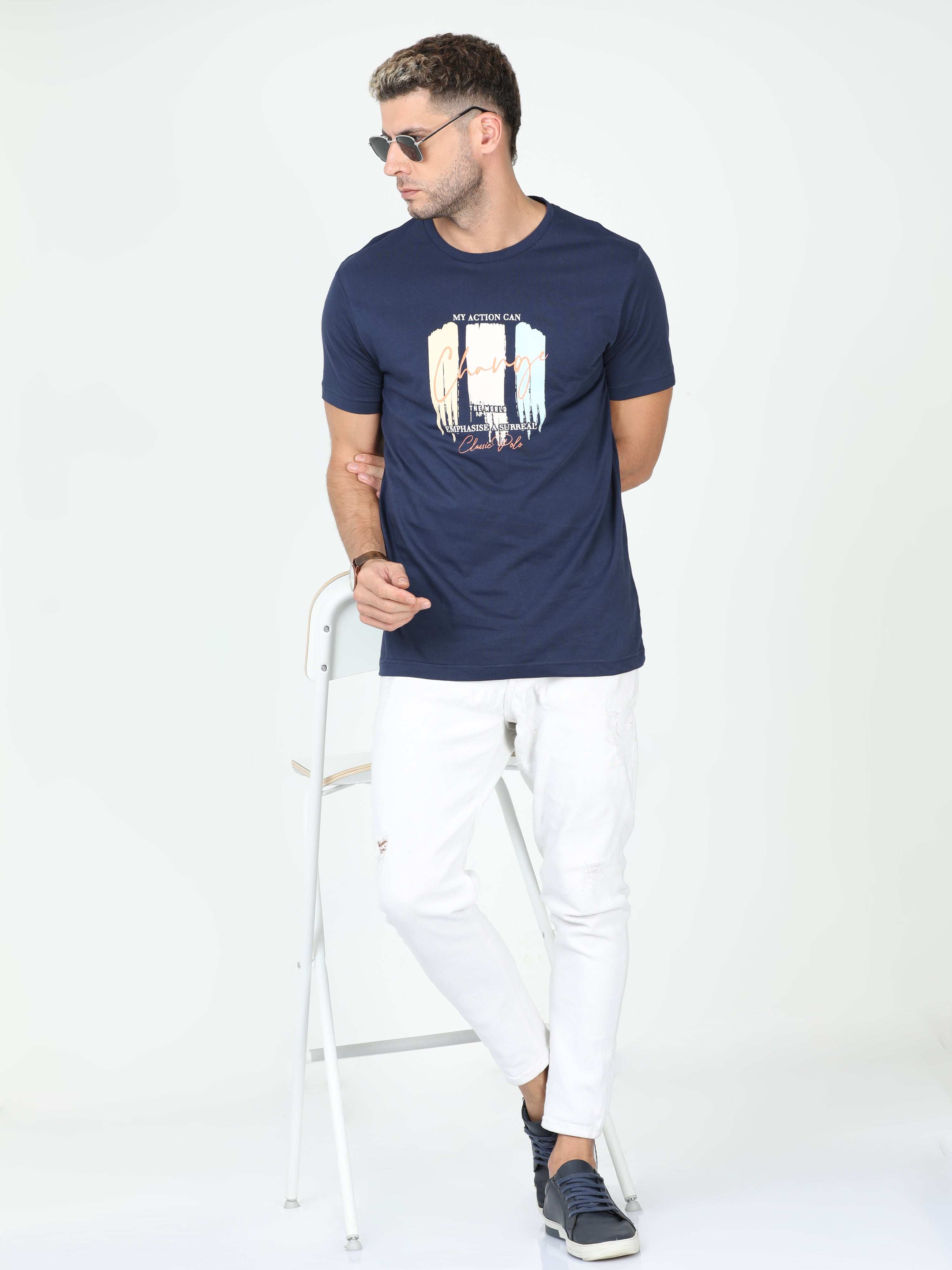 Classic Polo Mens Cotton Half Sleeve Printed Slim Fit Crew Neck Multi Color T Shirt | Toy-Trio-902 SF