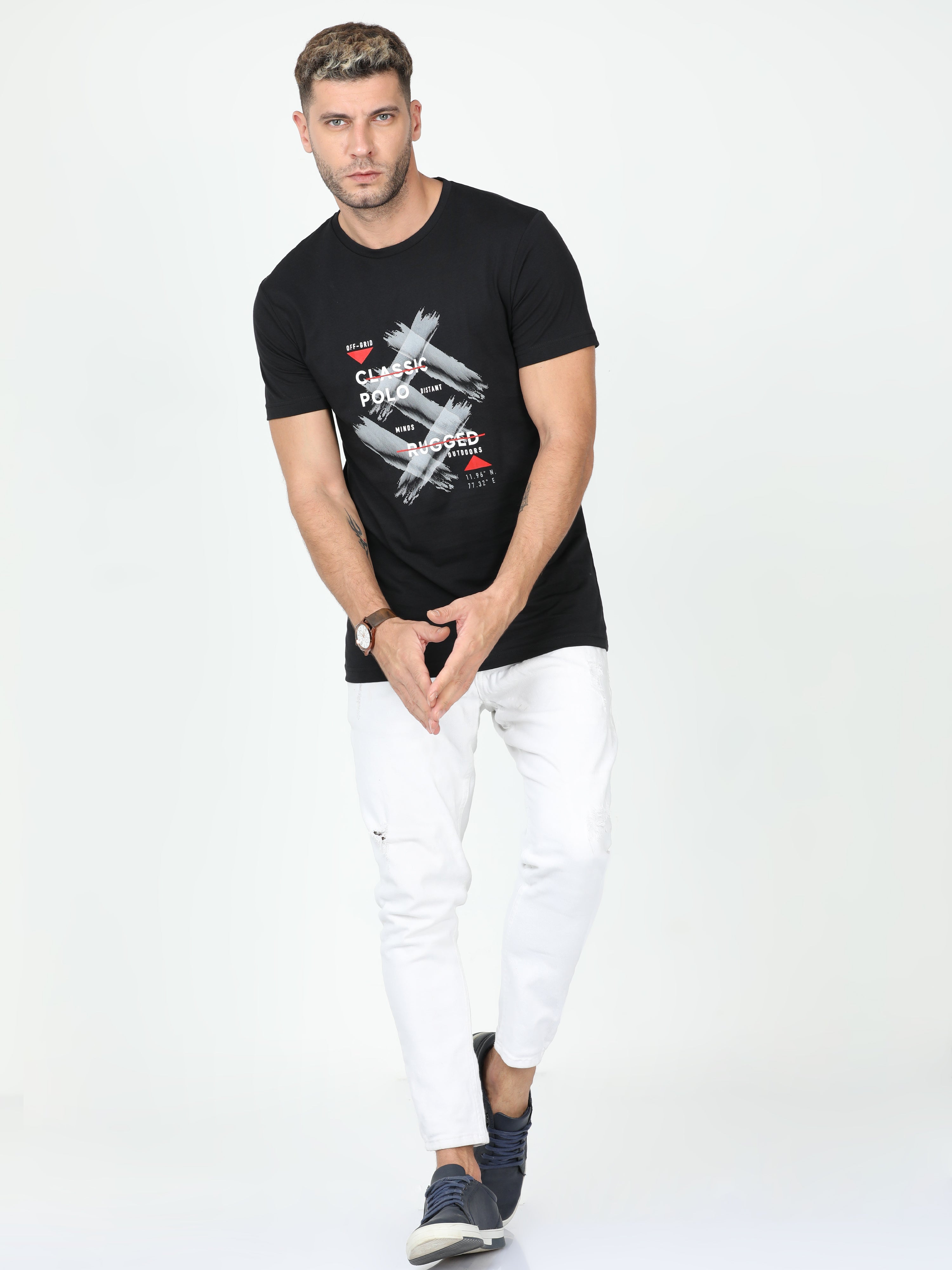 Classic Polo Mens Cotton Half Sleeve Printed Slim Fit Crew Neck Multi Color T Shirt | Toy-Trio-905 SF