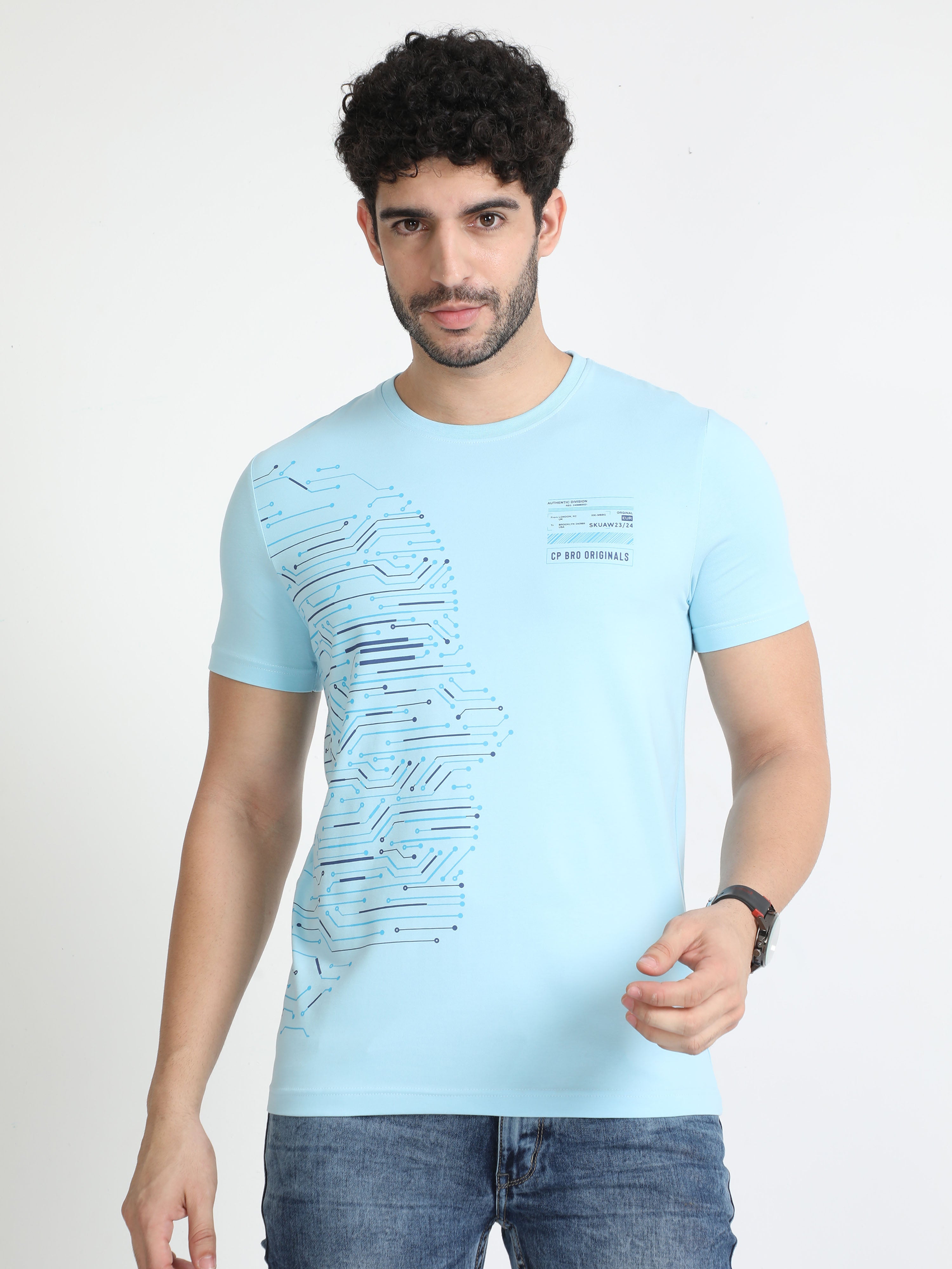 Classic Polo Mens Cotton Half Sleeves Printed Slim Fit Crew Neck Aqua Blue Color T-Shirt | Brcn - 551 B Sf C