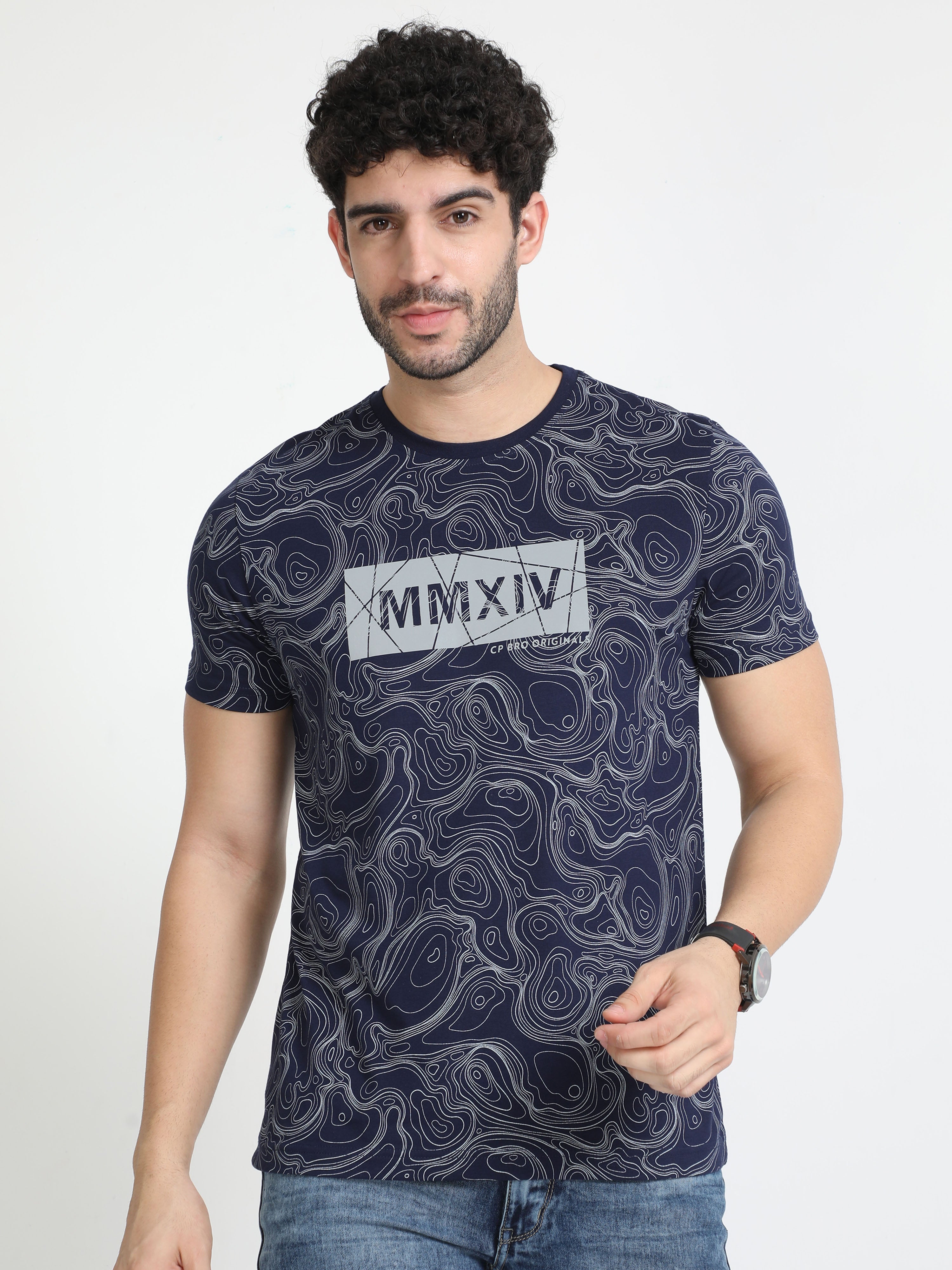 Classic Polo Mens Cotton Half Sleeves Floral Slim Fit Crew Neck Navy Blue Color T-Shirt | Brcn - 556 B Sf C