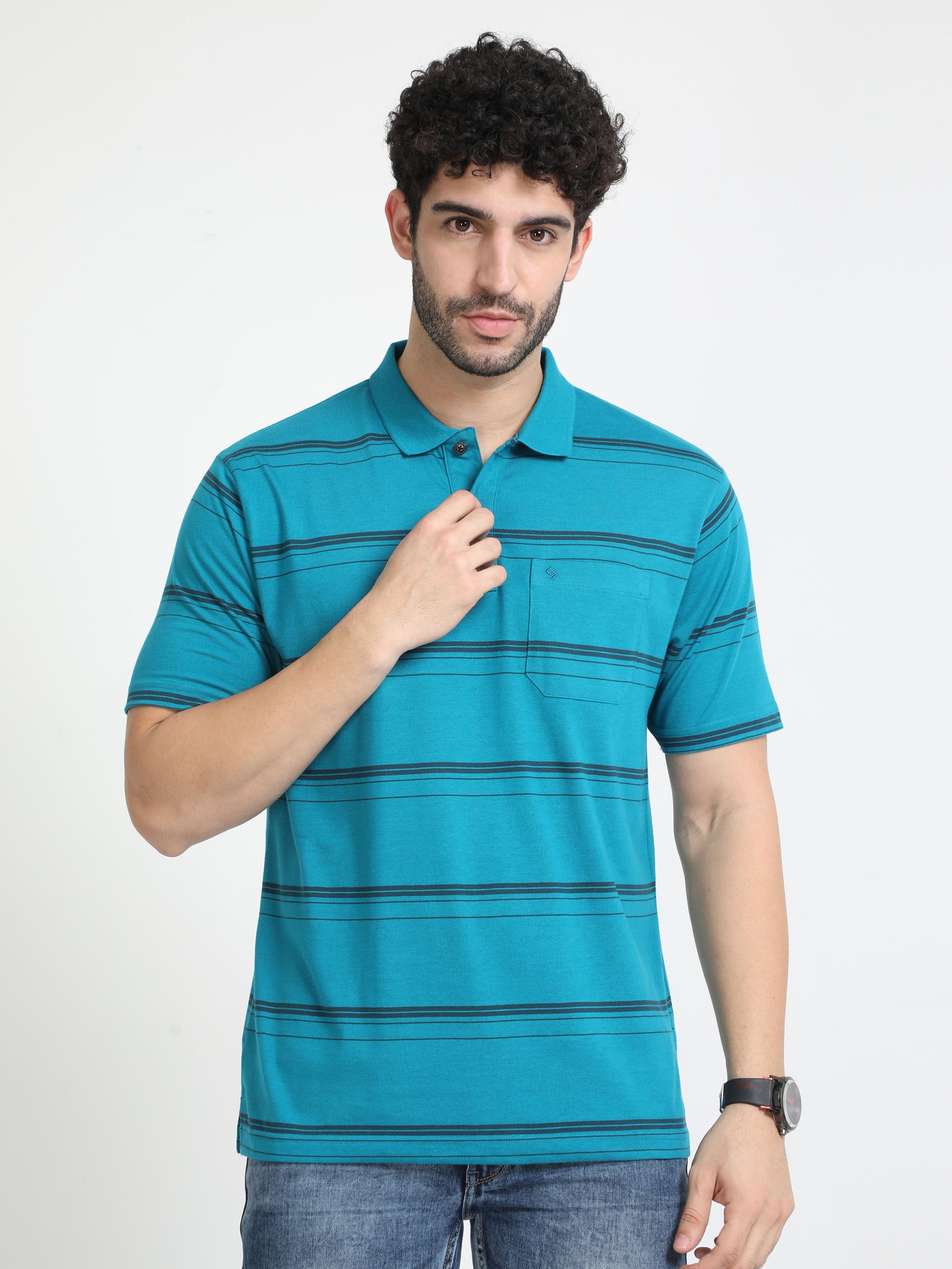 Classic Polo Mens Cotton Half Sleeves Striped Authentic Fit Polo Neck Blue Color T-Shirt | Avon - 539 A Af P