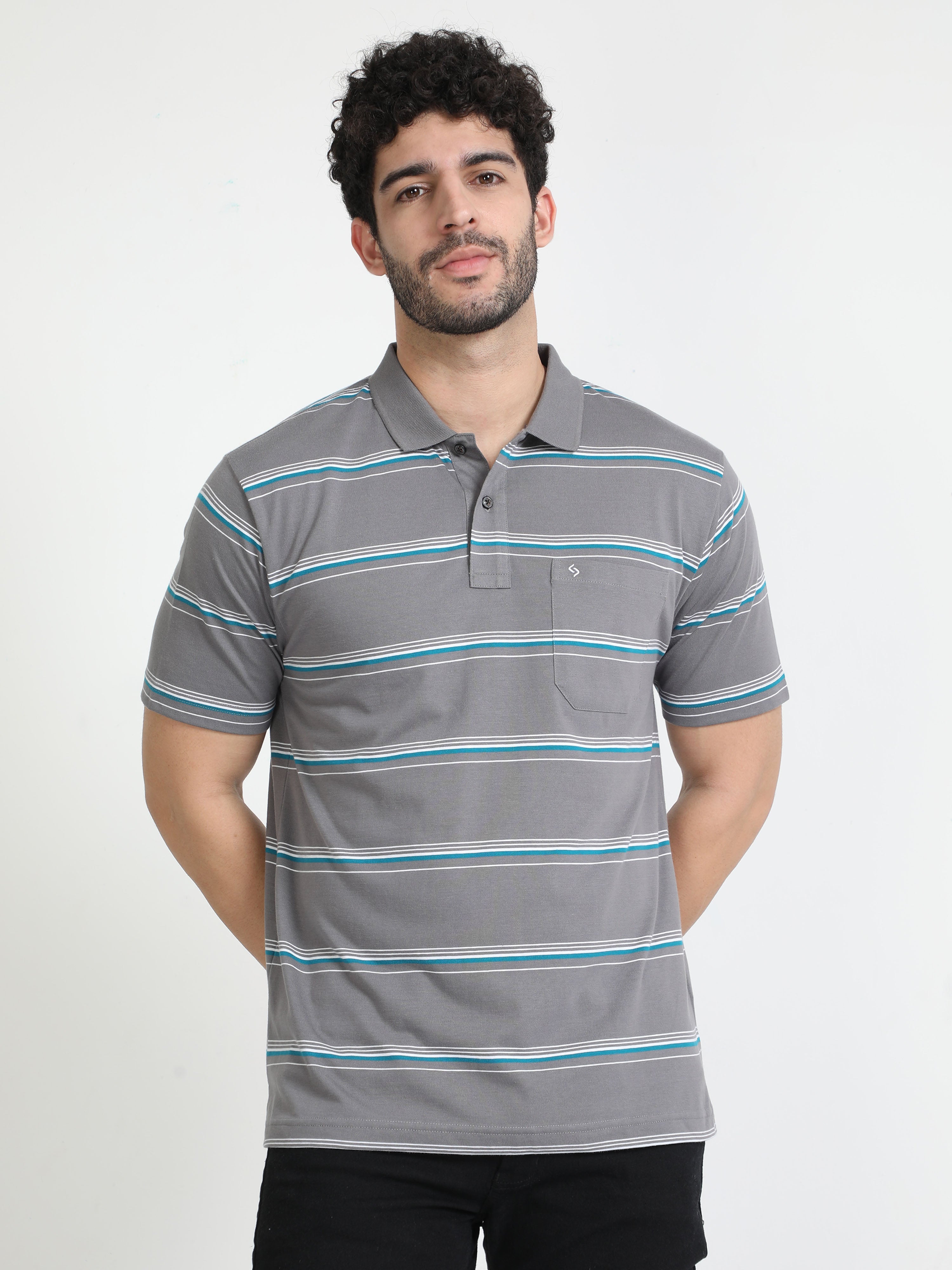 Classic Polo Mens Cotton Half Sleeves Striped Authentic Fit Polo Neck Ash Color T-Shirt | Avon - 538 B Af P