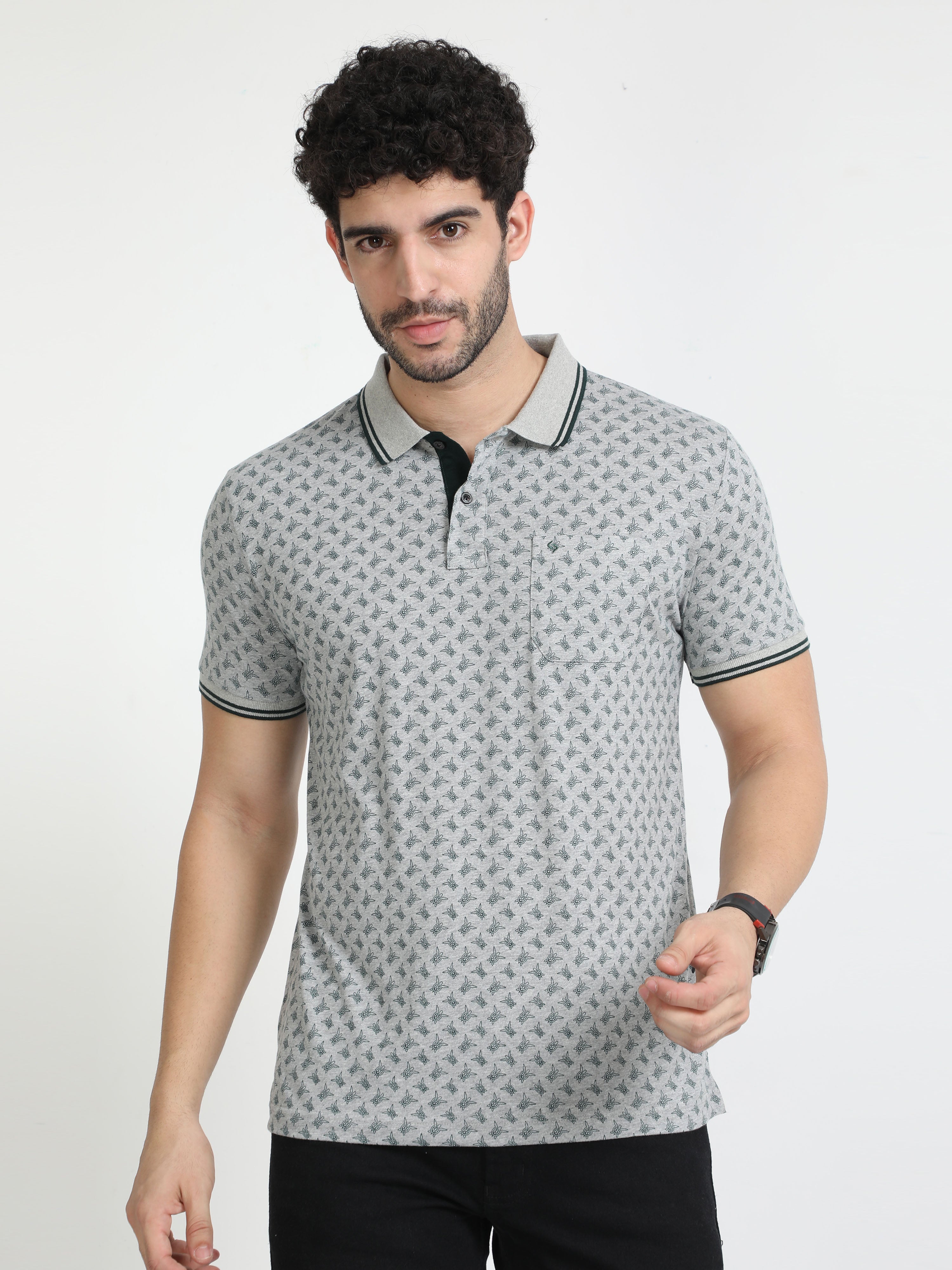 Classic Polo Mens Cotton Half Sleeves Floral Slim Fit Polo Neck Grey Color T-Shirt | Bello - 226 A Sf P