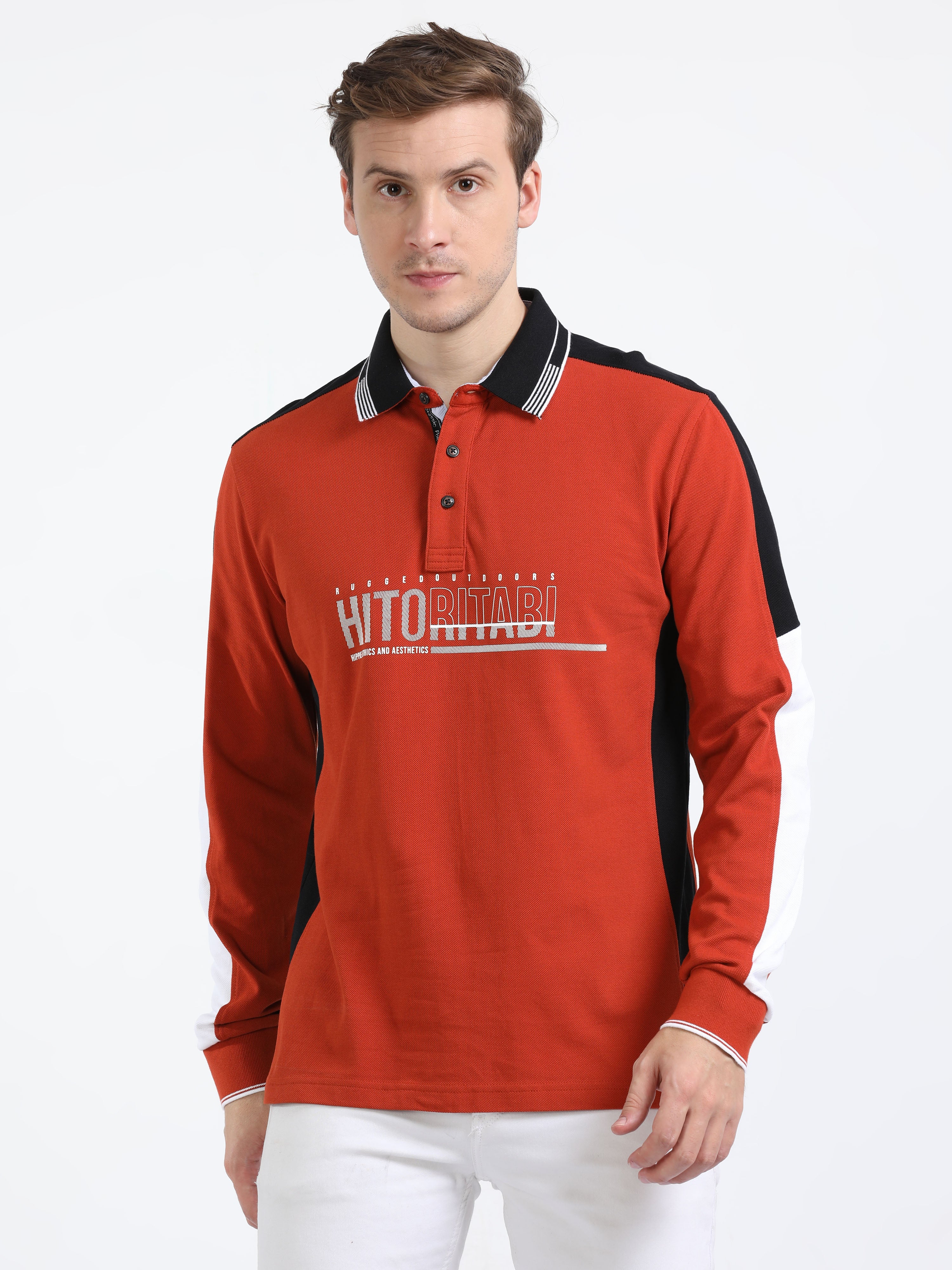 Classic Polo Mens Cotton Full Sleeve Color Blocked Slim Fit Polo Neck Red Color T-Shirt Verno 324 B Sf P