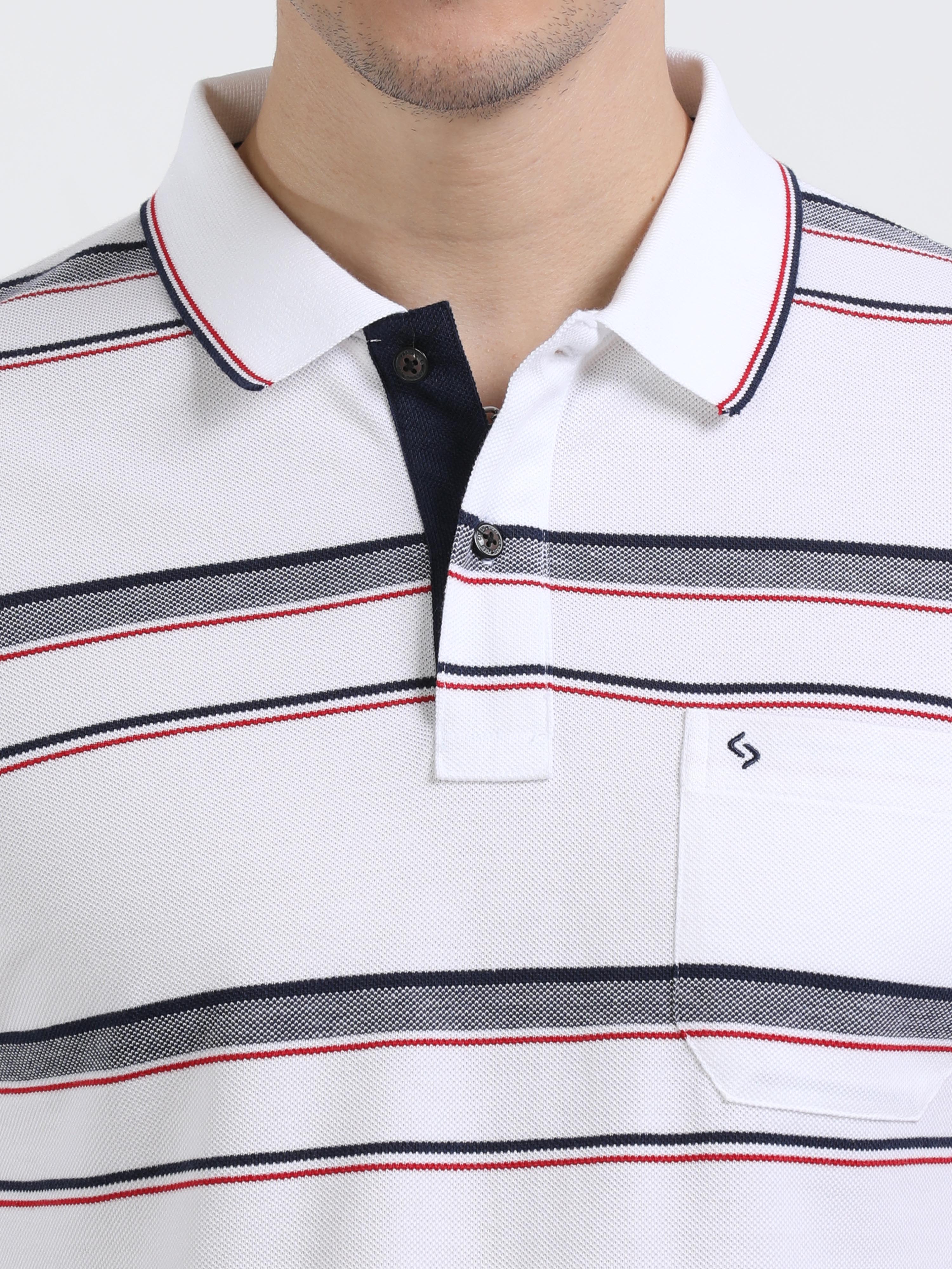 Classic Polo Mens Cotton Half Sleeves Striped Slim Fit Polo Neck White Color T-Shirt | Adore - 207 B Sf P