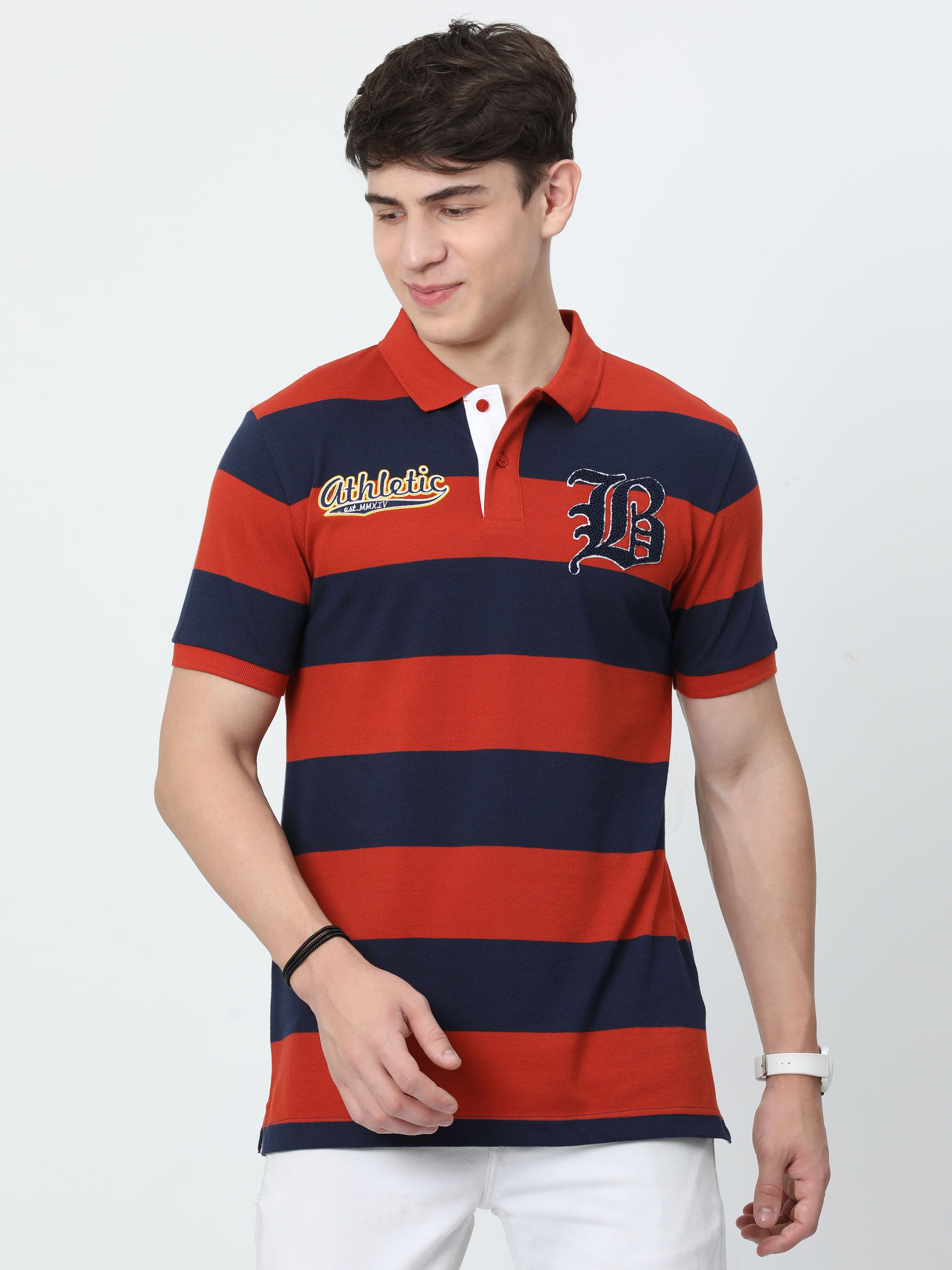 Classic Polo Mens Cotton Half Sleeves Striped Slim Fit Polo Neck Red Color T-Shirt | Brp - 395 B Sf P