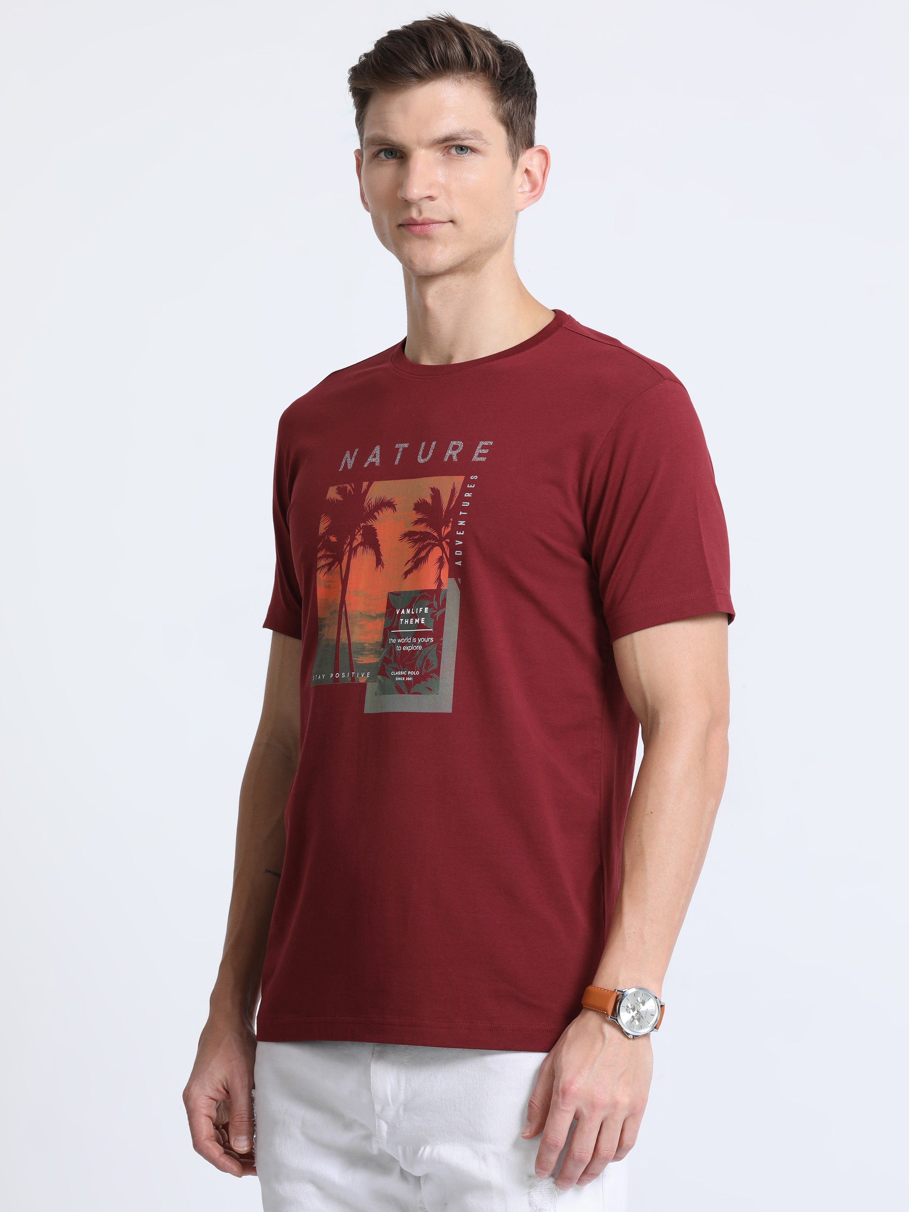 Classic Polo Mens Cotton Half Sleeves Printed Slim Fit Crew Neck Brown Color T-Shirt | Baleno - 555 B Sf C