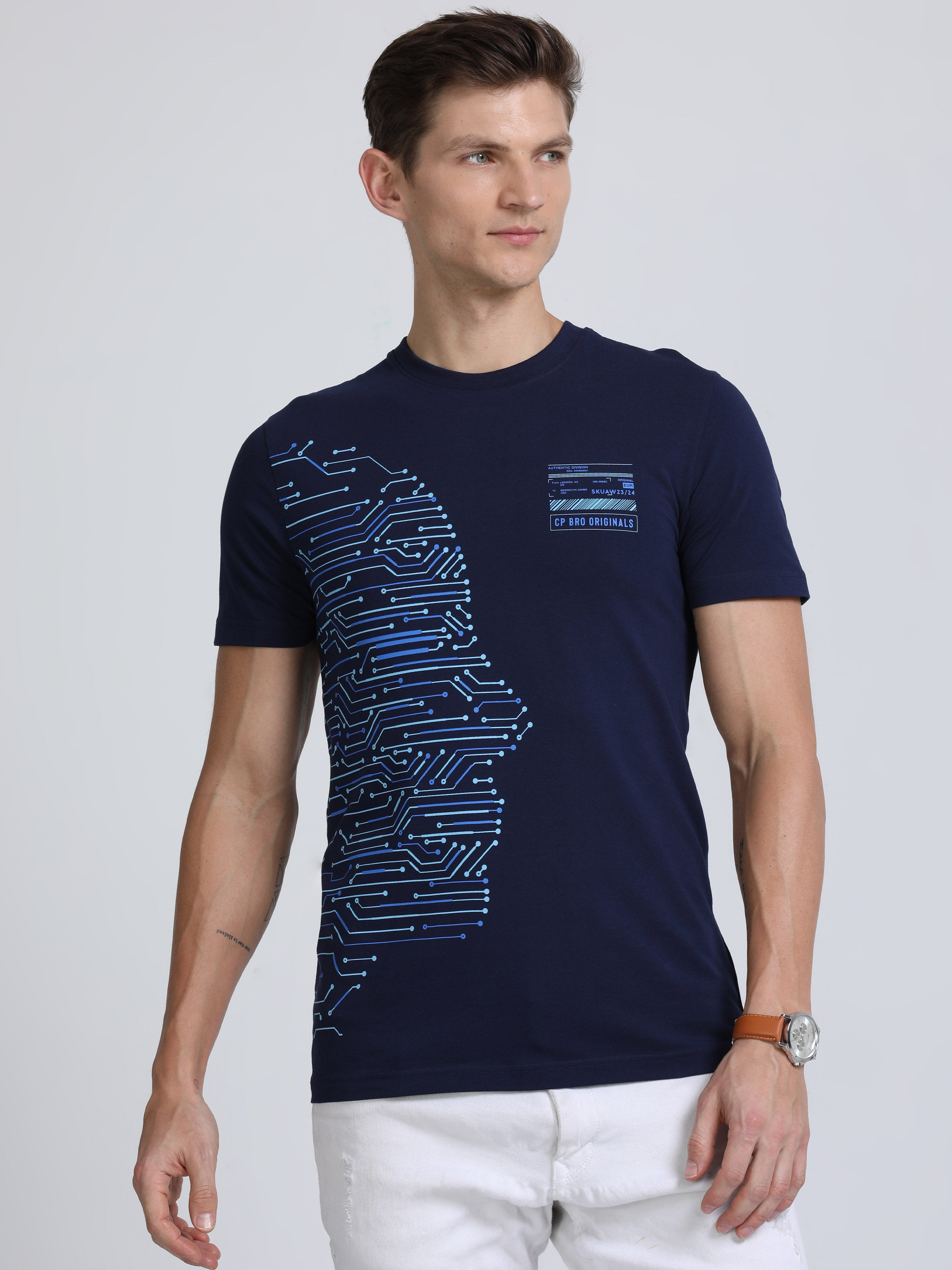 Classic Polo Mens Cotton Half Sleeves Printed Slim Fit Crew Neck Navy Color T-Shirt | Brcn - 551 A Sf C