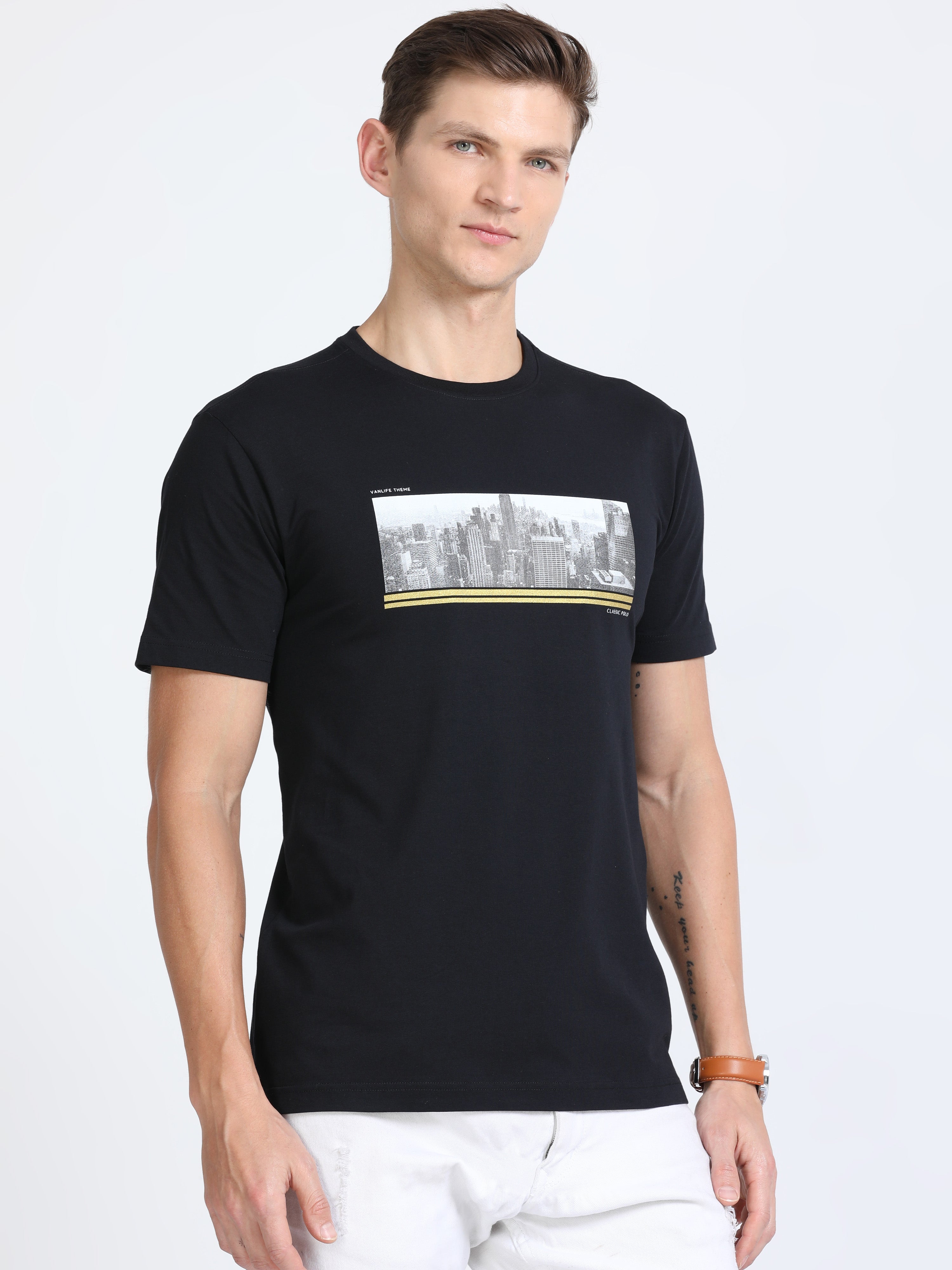 Classic Polo Mens Cotton Half Sleeves Printed Slim Fit Crew Neck Black Color T-Shirt | Baleno - 553 A Sf C
