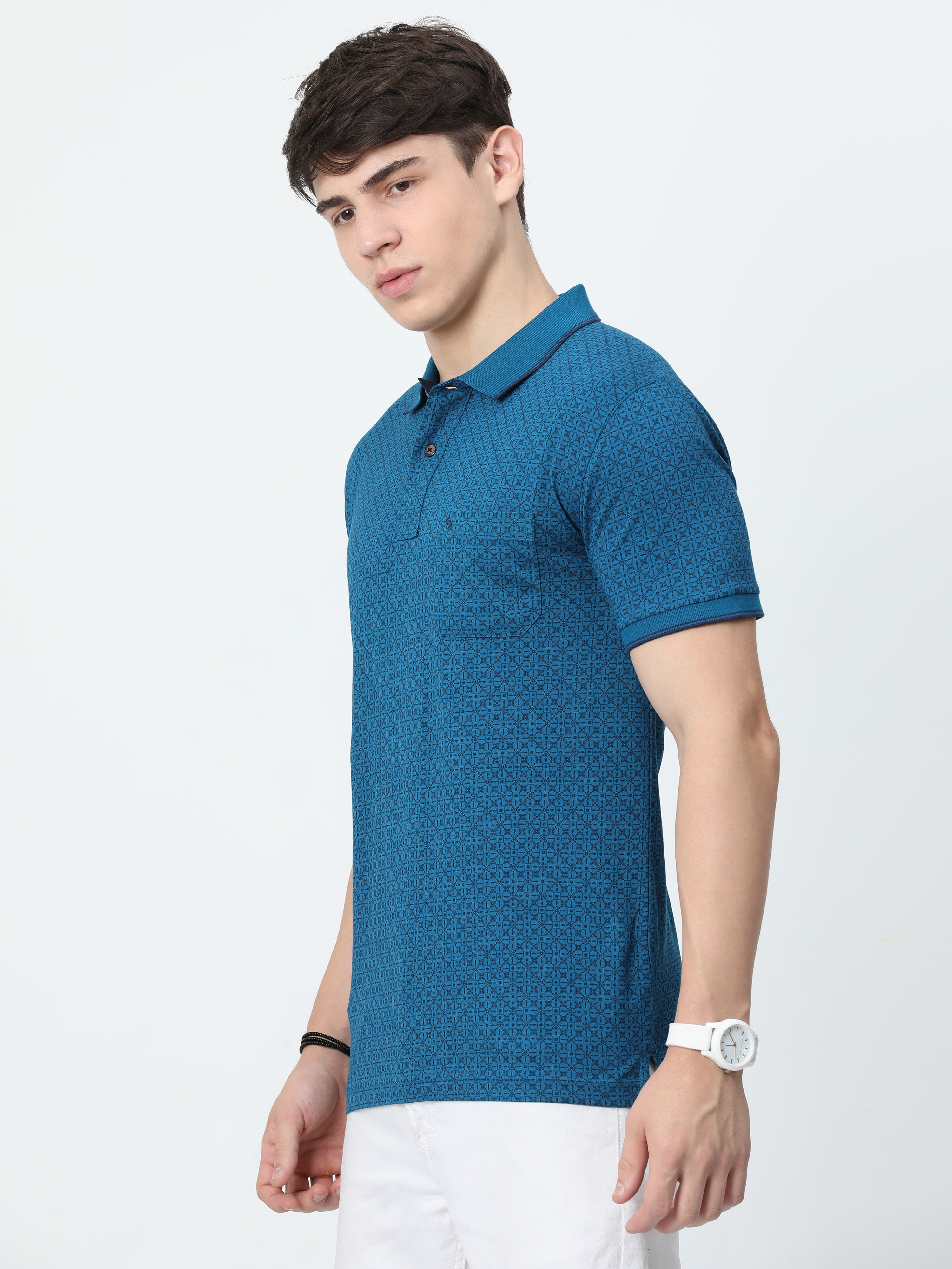 Classic Polo Mens Cotton Half Sleeves Floral Slim Fit Polo Neck Blue Color T-Shirt | Bello - 219 B Sf P