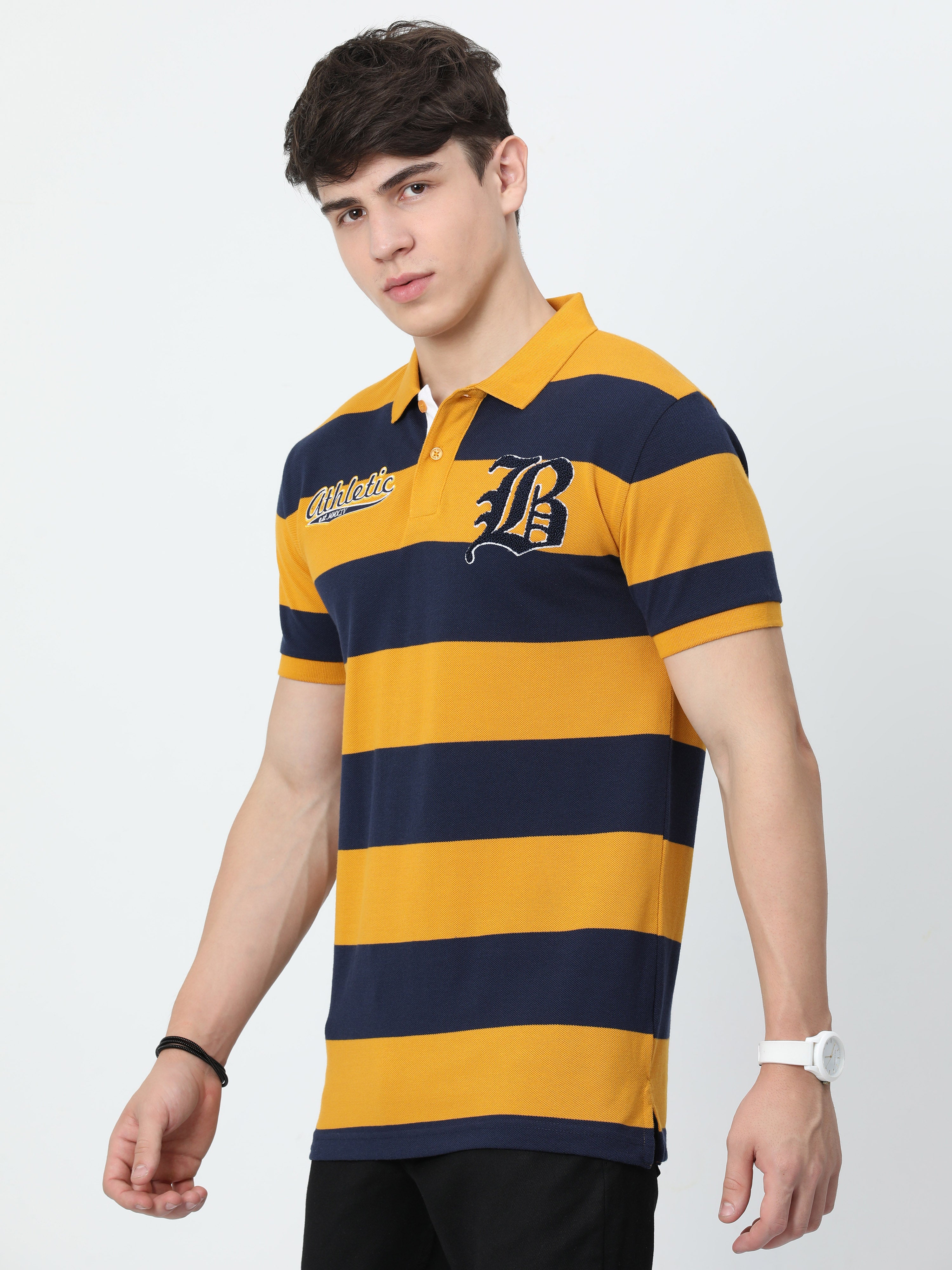 Classic Polo Mens Cotton Half Sleeves Striped Slim Fit Polo Neck Yellow Color T-Shirt | Brp - 395 A Sf P
