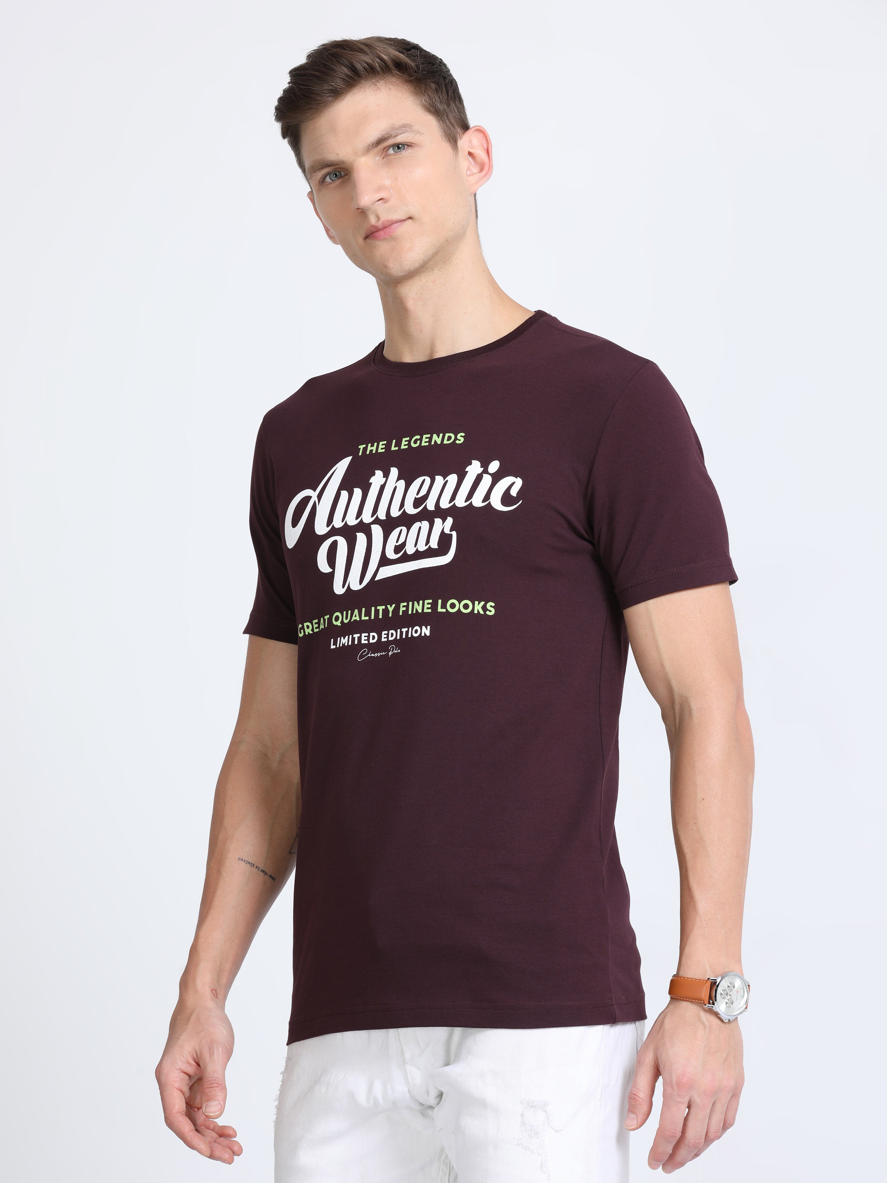 Classic Polo Mens Cotton Half Sleeves Printed Slim Fit Crew Neck Burgudy Color T-Shirt | Baleno - 560 B Sf C