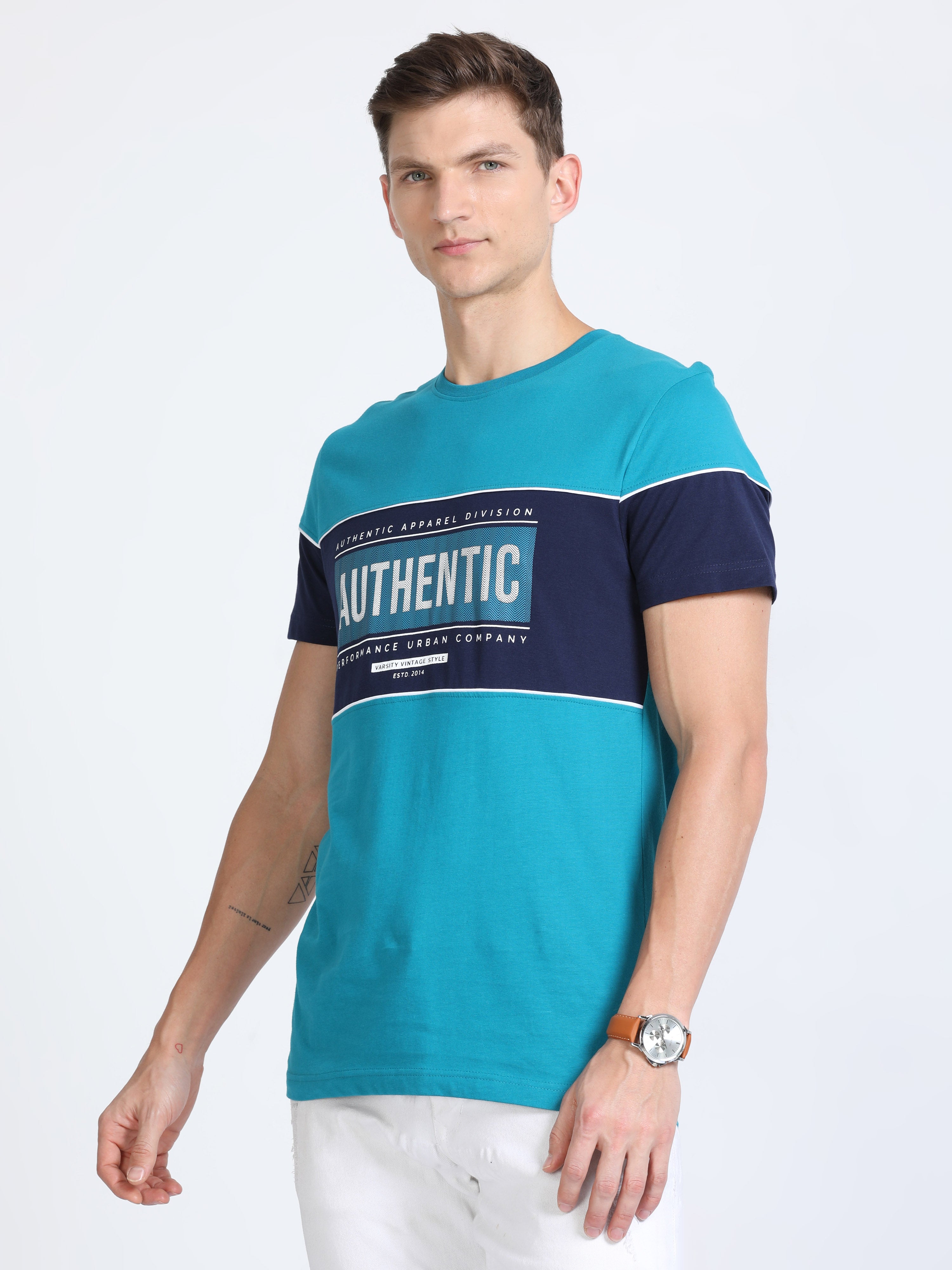 Classic Polo Mens Cotton Half Sleeves Color Blocked Slim Fit Crew Neck Tourquise Color T-Shirt | Brcn - 548 A Sf C