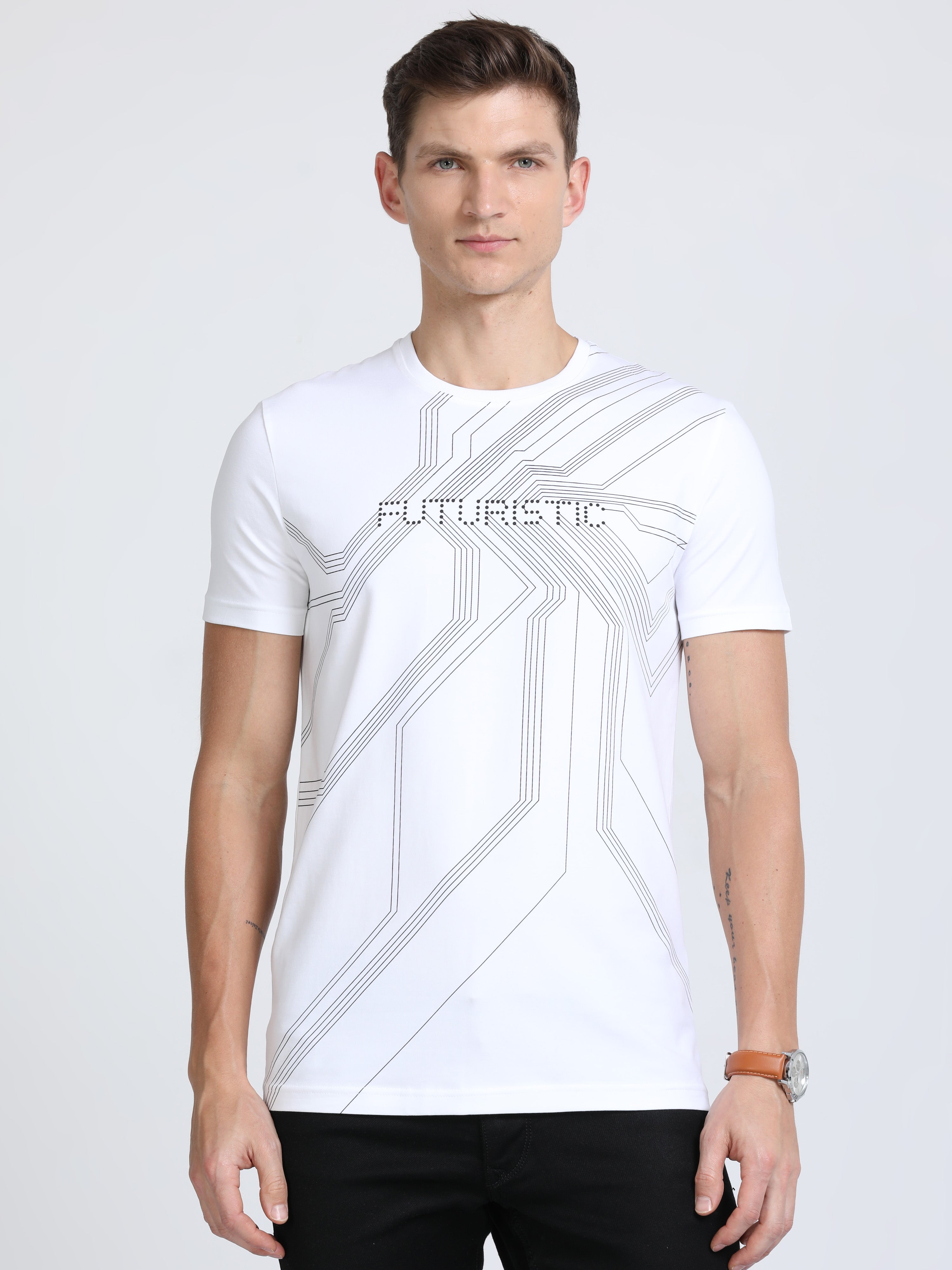 Classic Polo Mens Cotton Half Sleeves Printed Slim Fit Crew Neck White Color T-Shirt | Brcn - 550 B Sf C