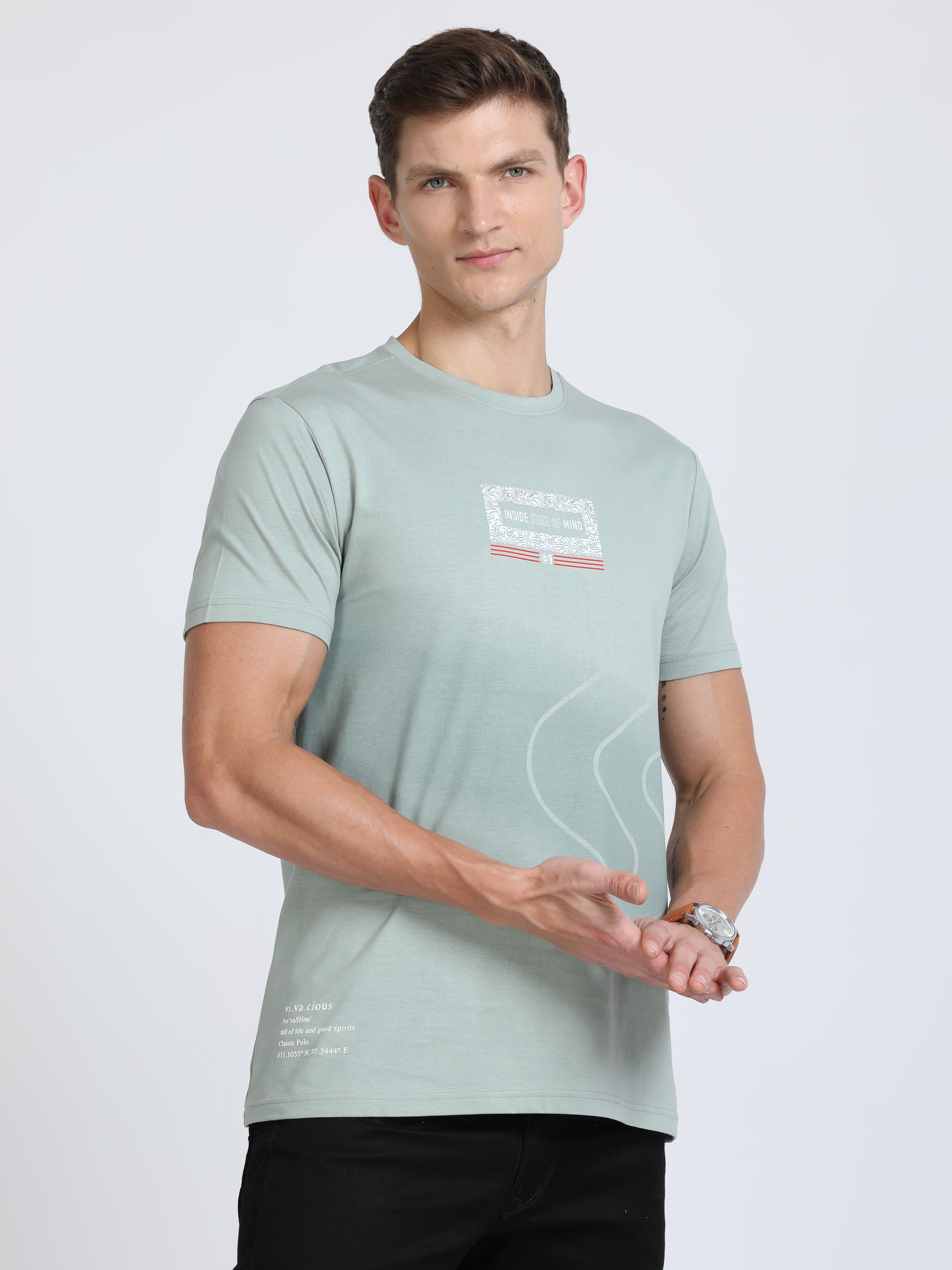 Classic Polo Mens Cotton Half Sleeves Printed Slim Fit Crew Neck Light Blue Color T-Shirt | Baleno - 563 B Sf C