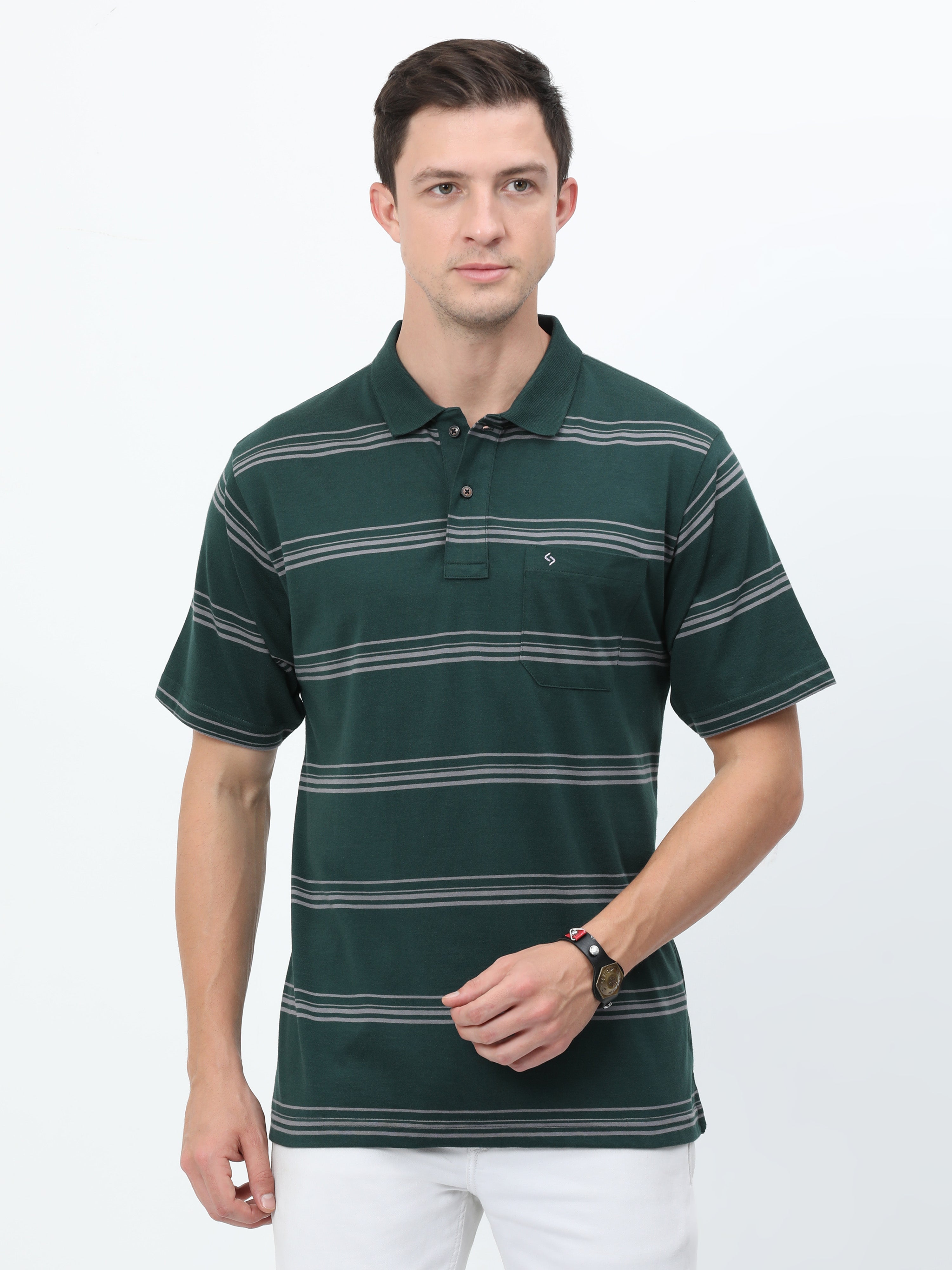 Classic Polo Mens Cotton Half Sleeves Striped Authentic Fit Polo Neck Dark Green Color T-Shirt | Avon - 540 B Af P