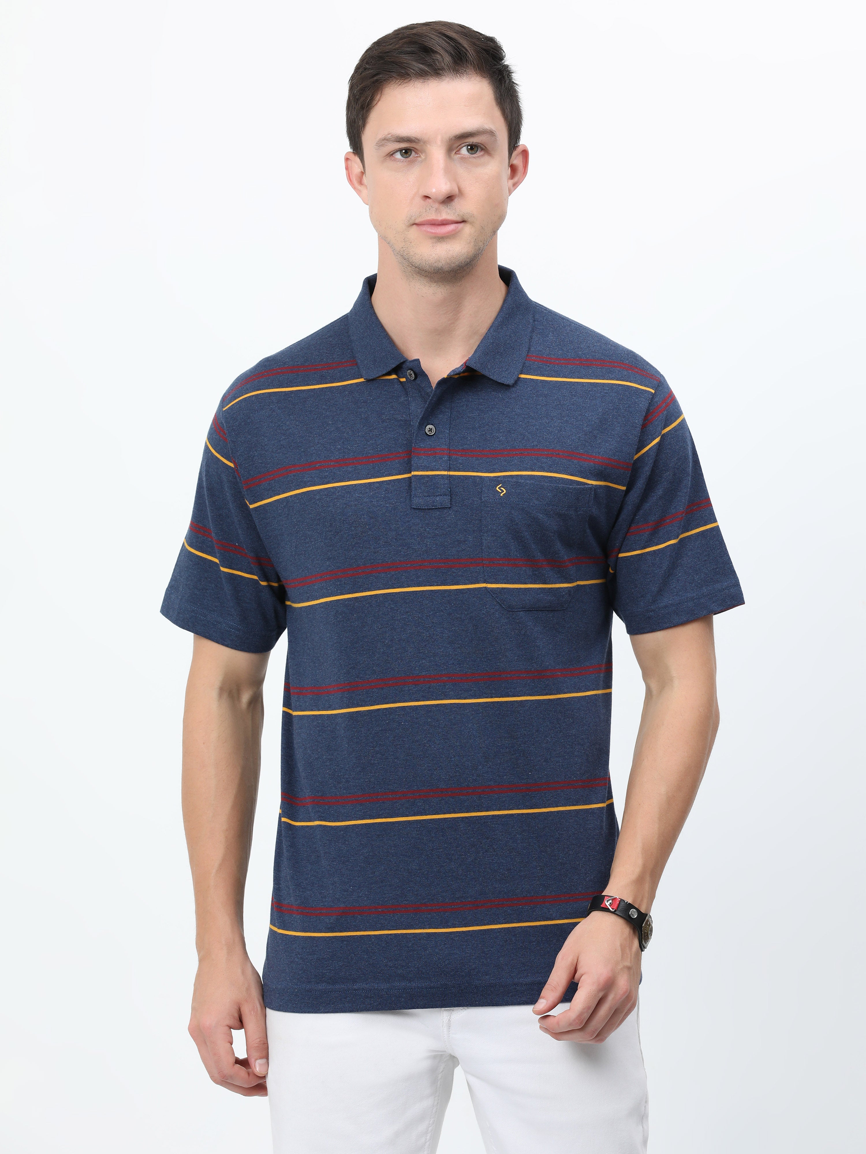 Classic Polo Mens Cotton Half Sleeves Striped Authentic Fit Polo Neck Blue Color T-Shirt | Avon - 543 B Af P
